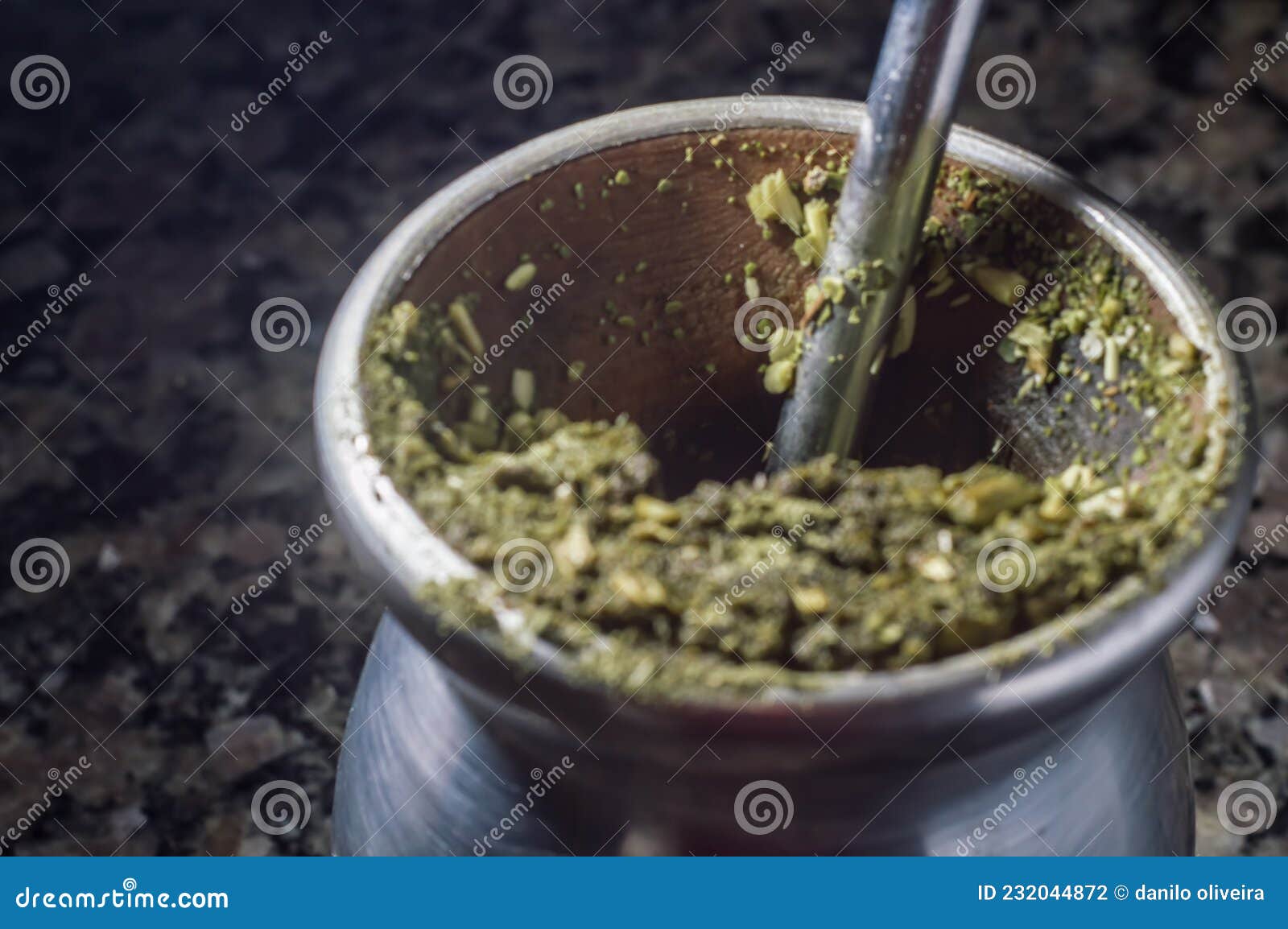 chimarrao, drink from the south of brazil with the name "chimarrao" in a metal container with copy space