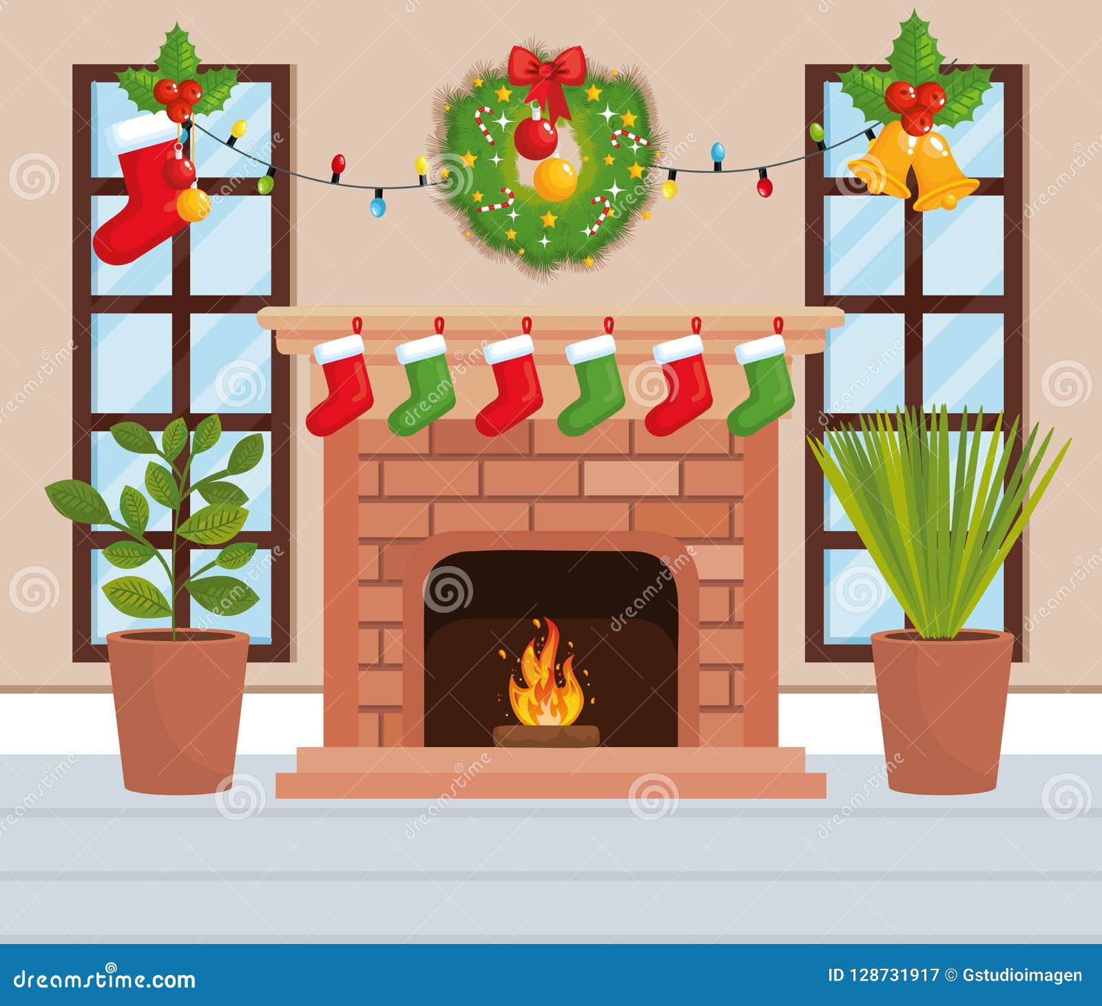 Chimney with Christmas Decoration Stock Vector  Illustration of
