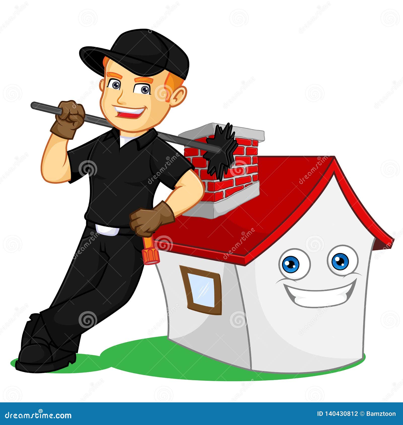 chimney sweeper leaning on a house