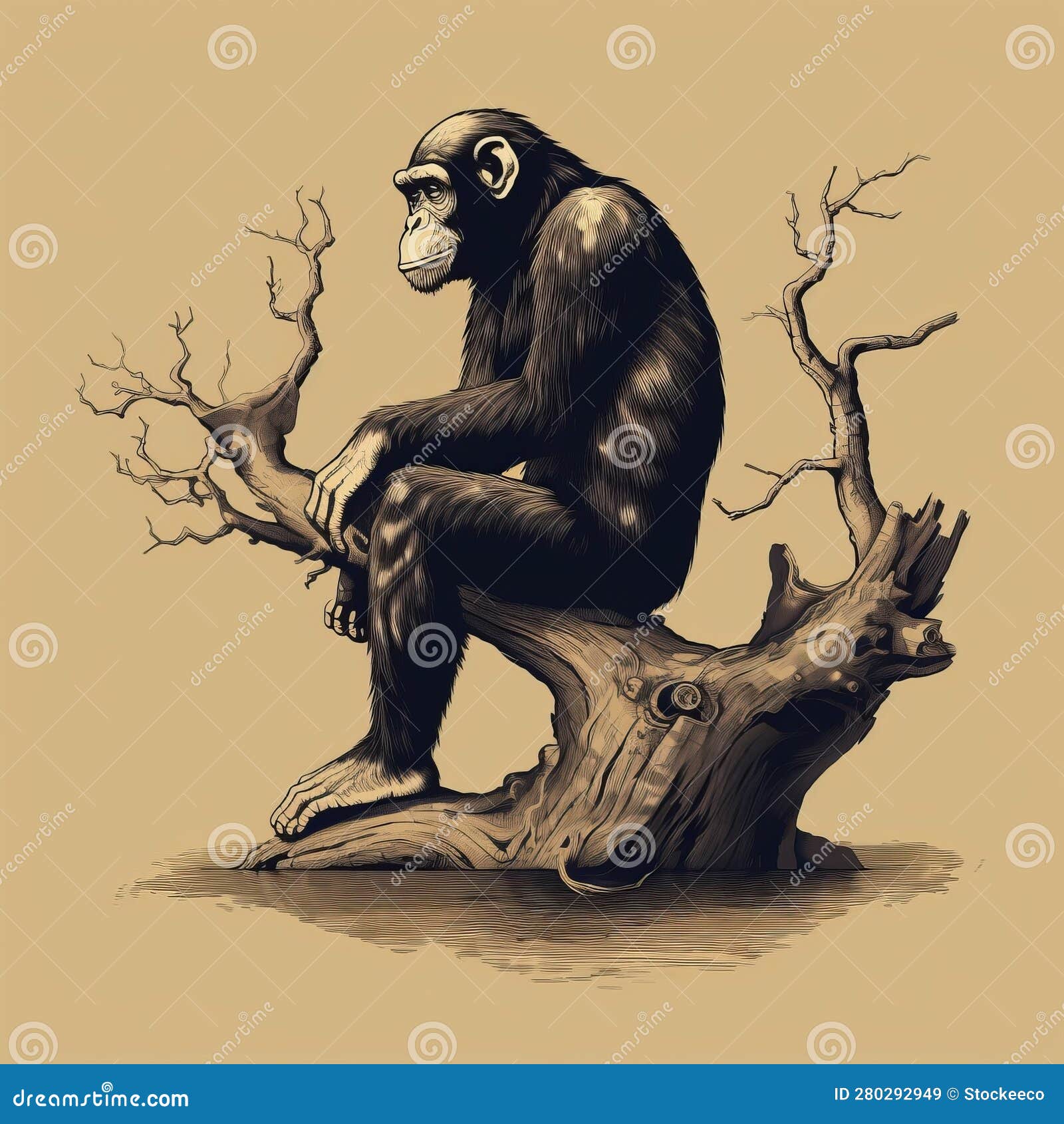 Macaco Realista Com Ilustração Colorida De árvore Desenho Da Safra Para  Design Ilustração Stock - Ilustração de macaco, imagem: 179119553