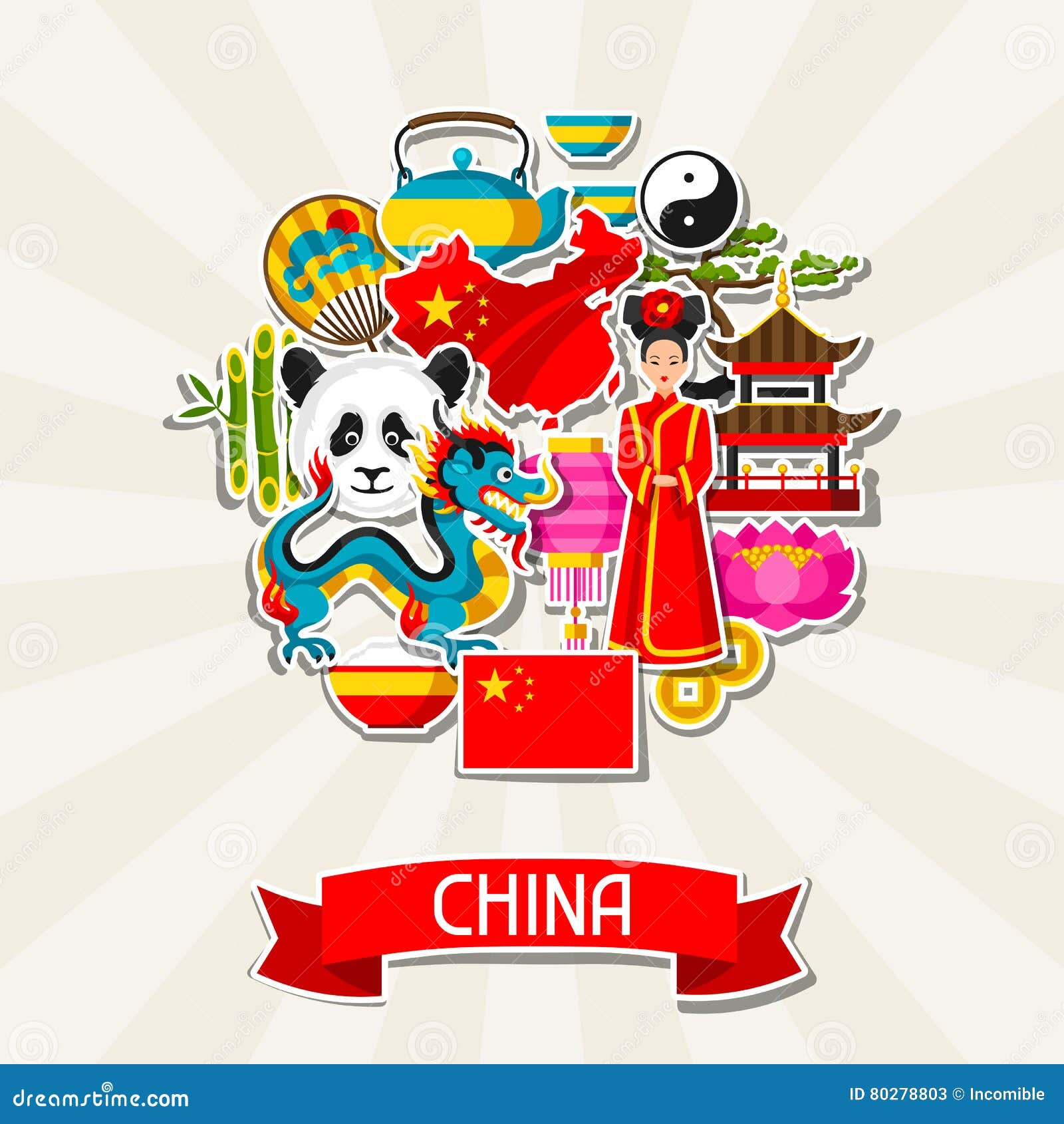 China Background Design. Chinese Sticker Symbols And Objects Cartoon