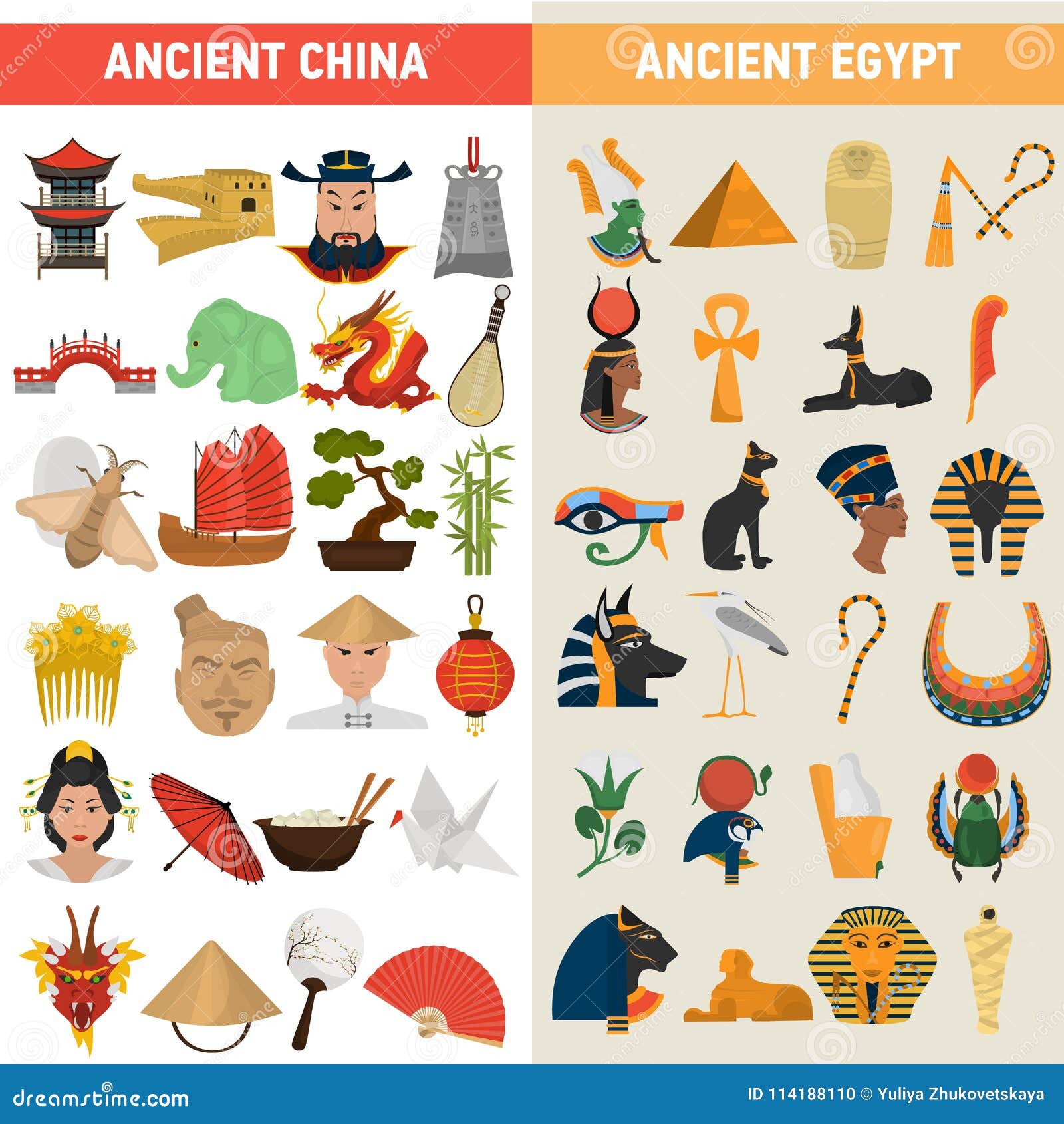 china and egypt great civilizations color flat icons set