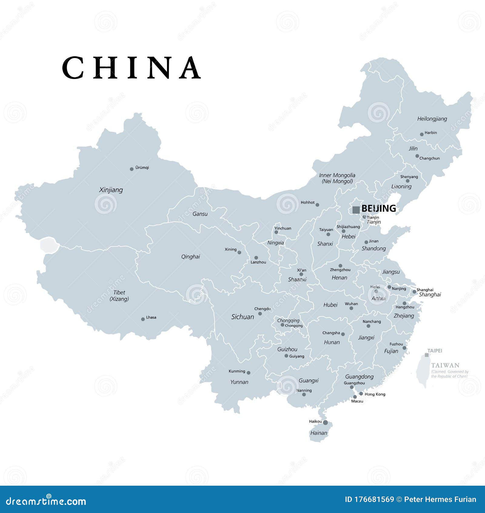 China, Gray Political Map, Provinces, Administrative Divisions Stock