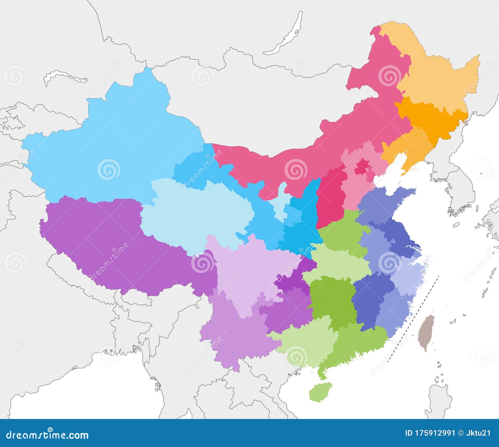  map of china provinces colored by regions with neighbouring countries and territories