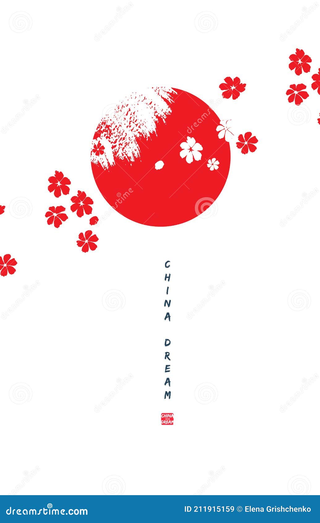 china poster template. sun, cherry flowers and paint stains. minimal chinses . asia dream