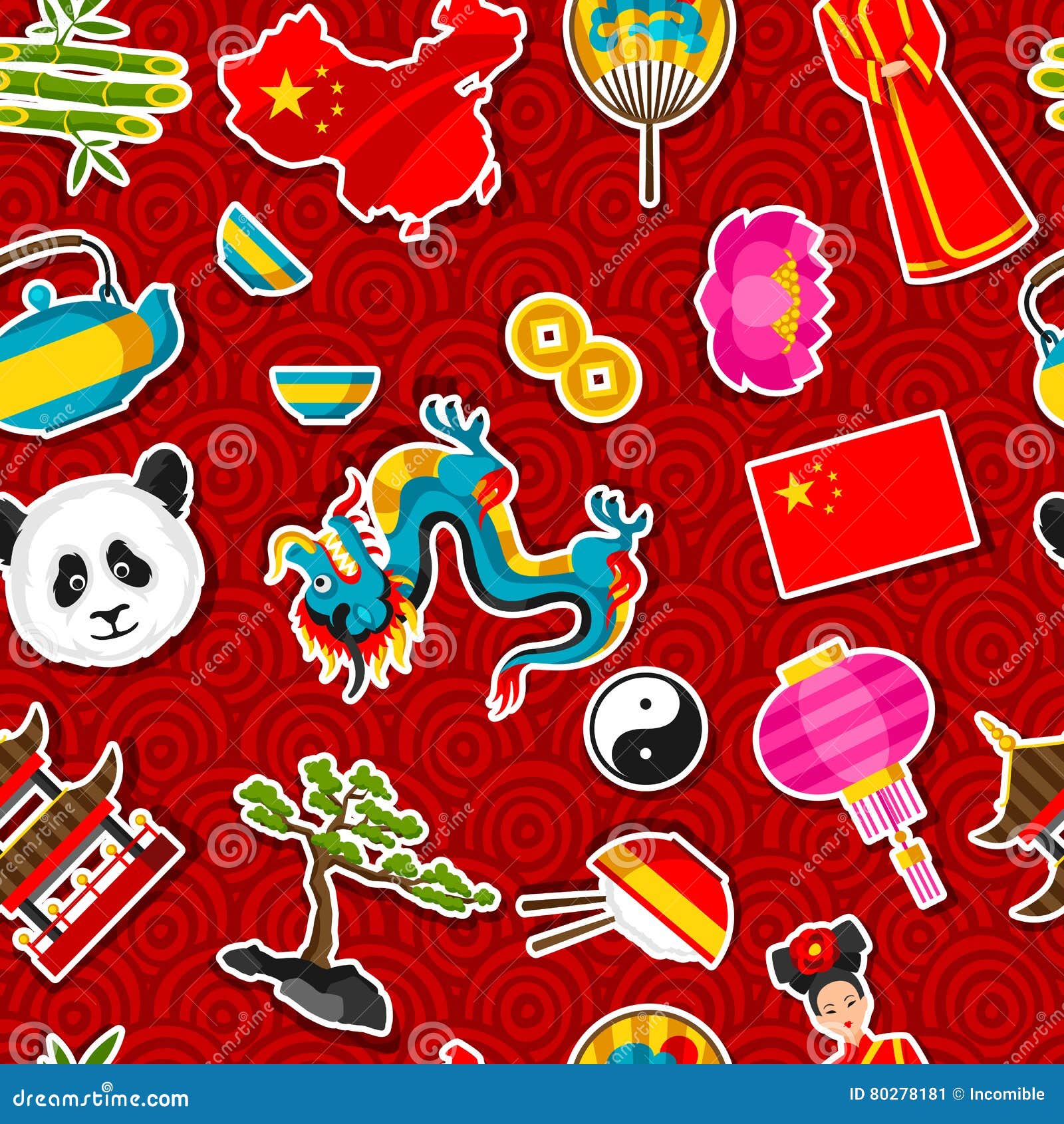 China Seamless Pattern. Chinese Sticker Symbols and Objects Stock