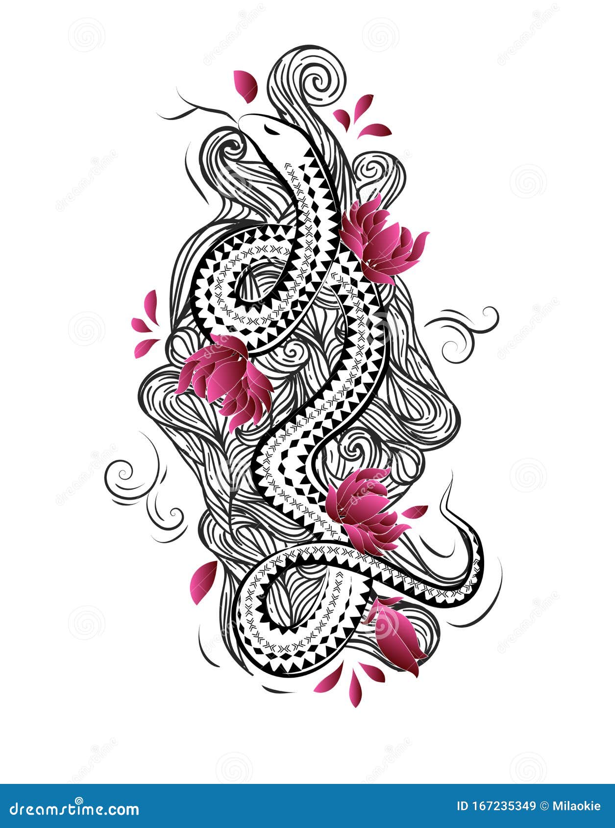 China Style Tattoo Design with Snake, Flowers and Waves Stock Vector - Illustration of curl, patch: 167235349 China Style Tattoo Design with Snake, Flowers and Waves Stock Vector - Illustration of curl, patch: 167235349