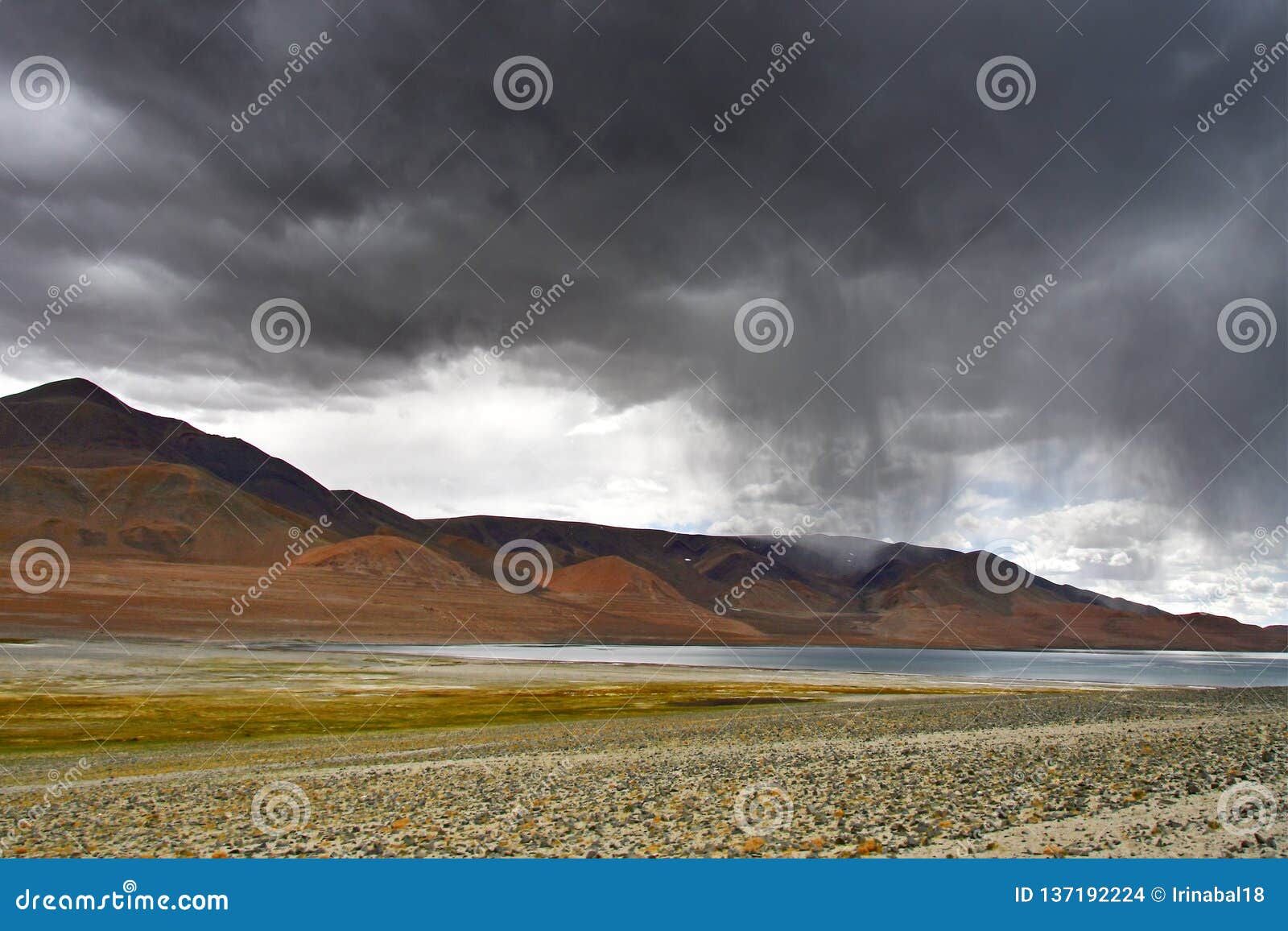 china, tibet. rain over the lake ngangla ring tso in summer