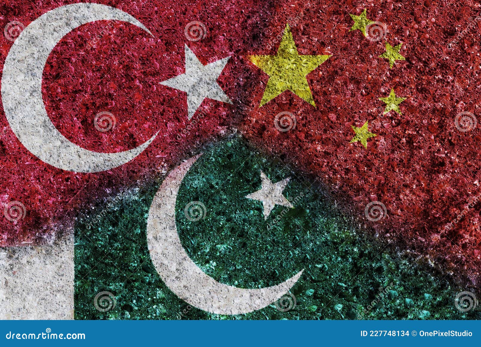 China, Turkey and Pakistan Flags Painted on Texture Wall Stock