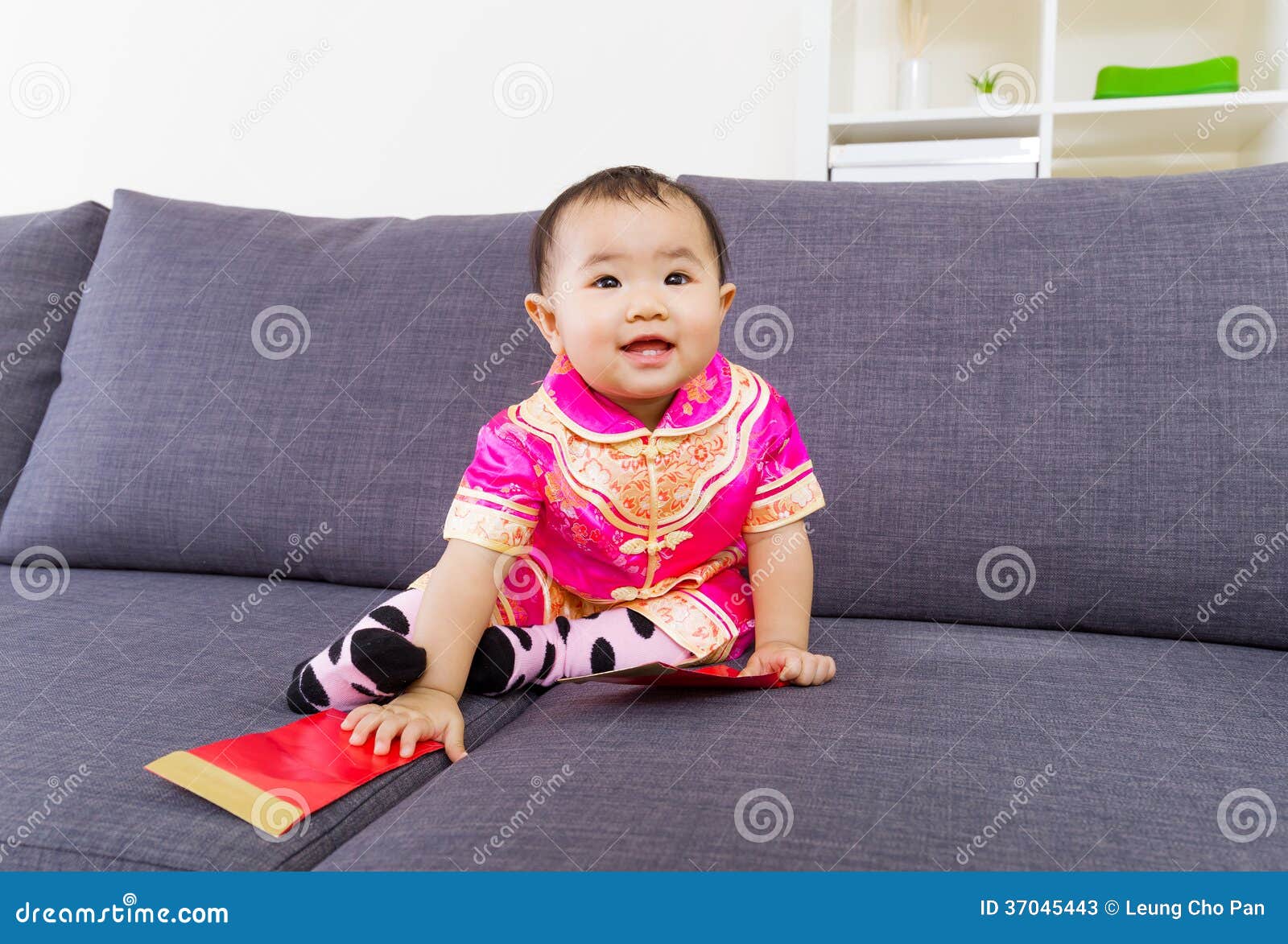 Chinese Baby Touching Red Pocket Stock Image Image of newborn, couch