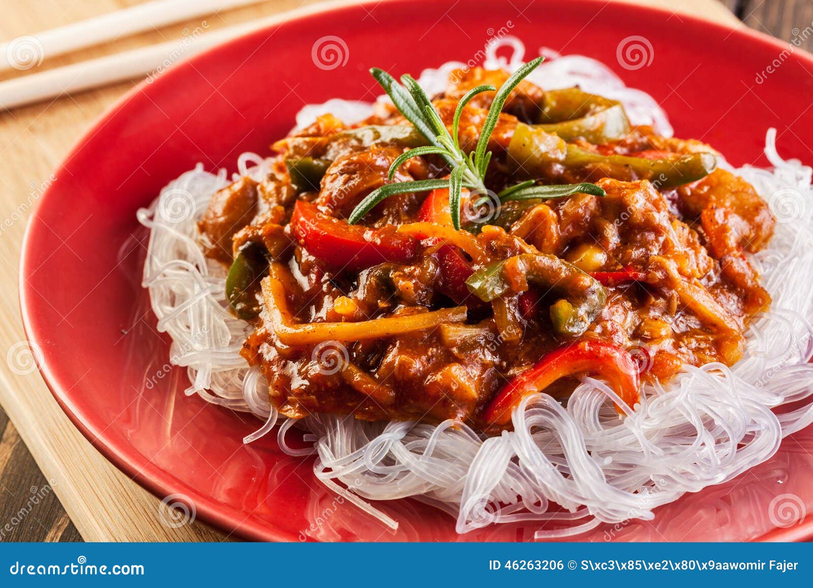 Chinese Chicken with Rice Noodles Stock Photo - Image of board, green