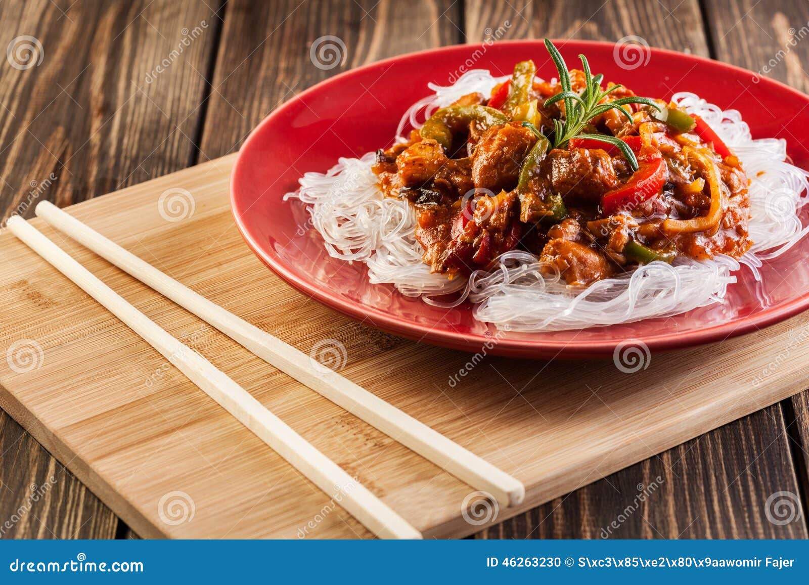 Chinese Chicken with Rice Noodles Stock Photo Image of wooden, meal