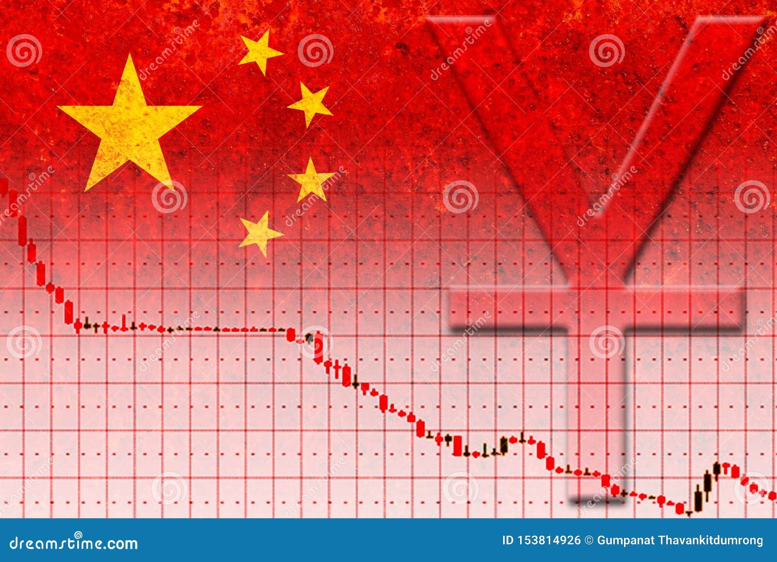 Chinese Currency Yuan and Devaluation Graph on the Rustic Chinese Flag