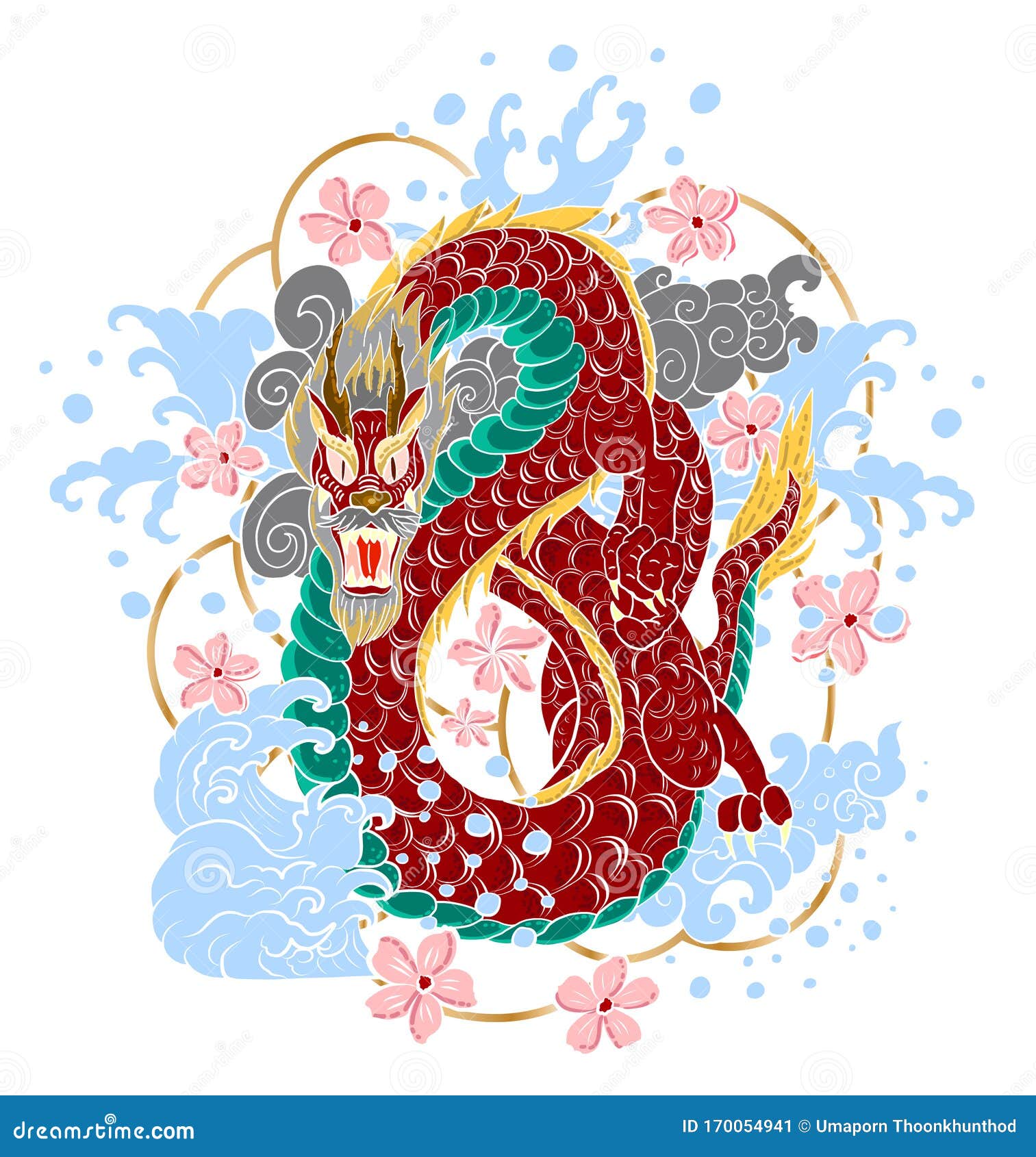 Traditional Japanese dragon with cherry blossom and wave for tattoo  designHand drawn Chinese dragon for printing on shirtBeautiful line art  of dragon vector for painting on white isolated background Stock Vector 