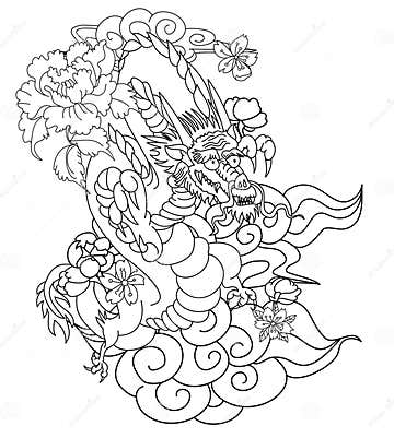 Chinese Dragon with Sakura Flower and Water Splash Tattoo.Illustration ...