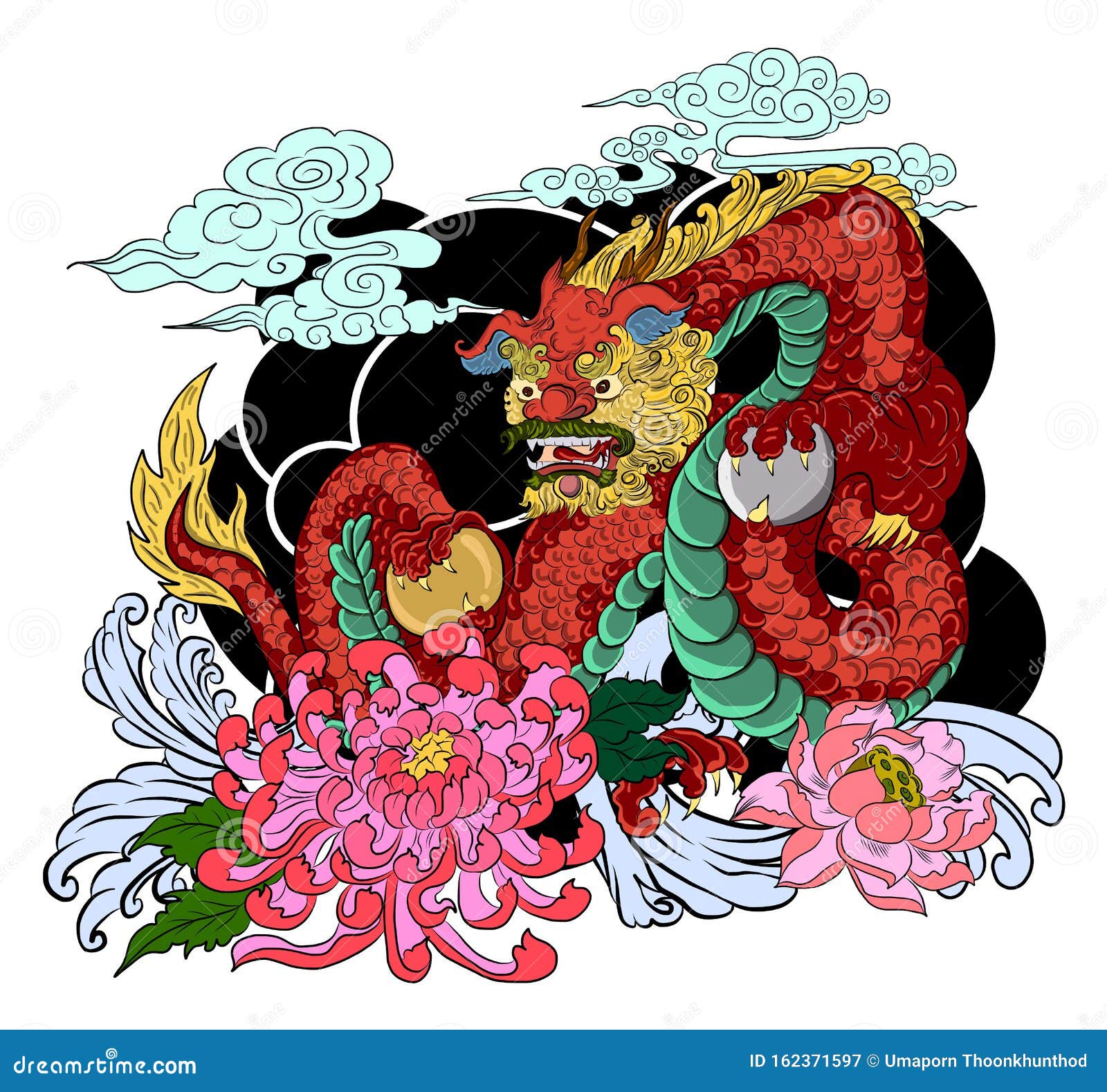 Chinese Dragon for Tattoo Design on Isolated White  Head  with Dragon Ball Vector. Stock Vector - Illustration of cherry, animal:  162371597