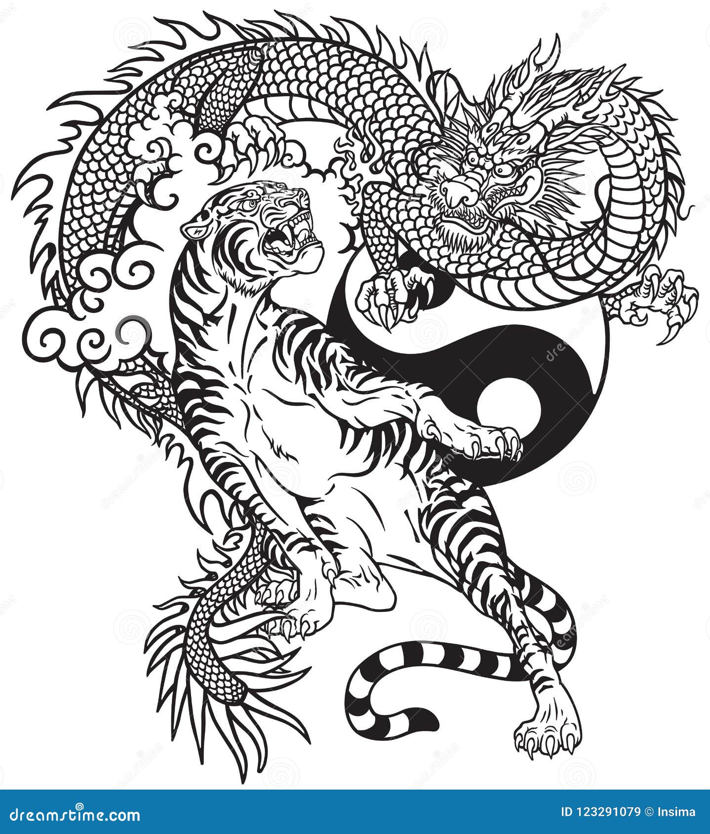 chinese dragon versus tiger black and white tattoo