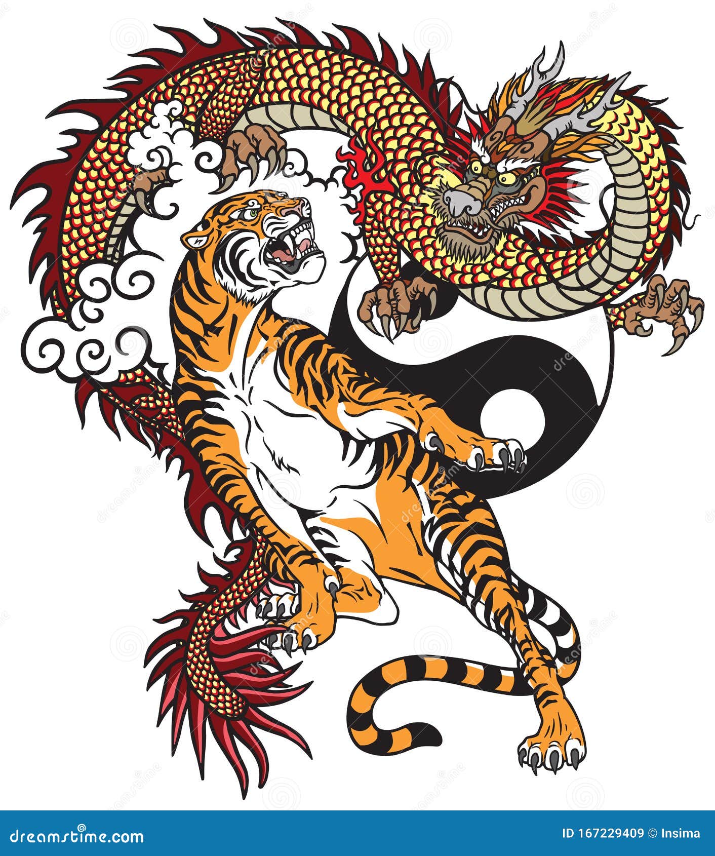 Dragon versus tiger tattoo stock vector. Illustration of rival - 167229409