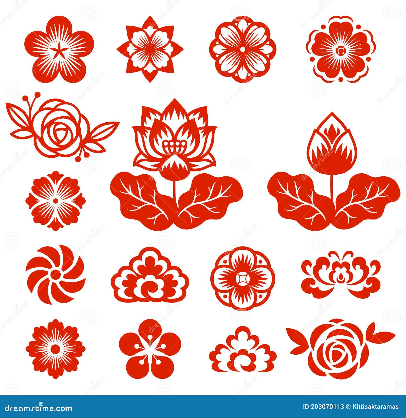 Chinese Flowers Paper Cut Red Color Vector Illustrations Stock Vector