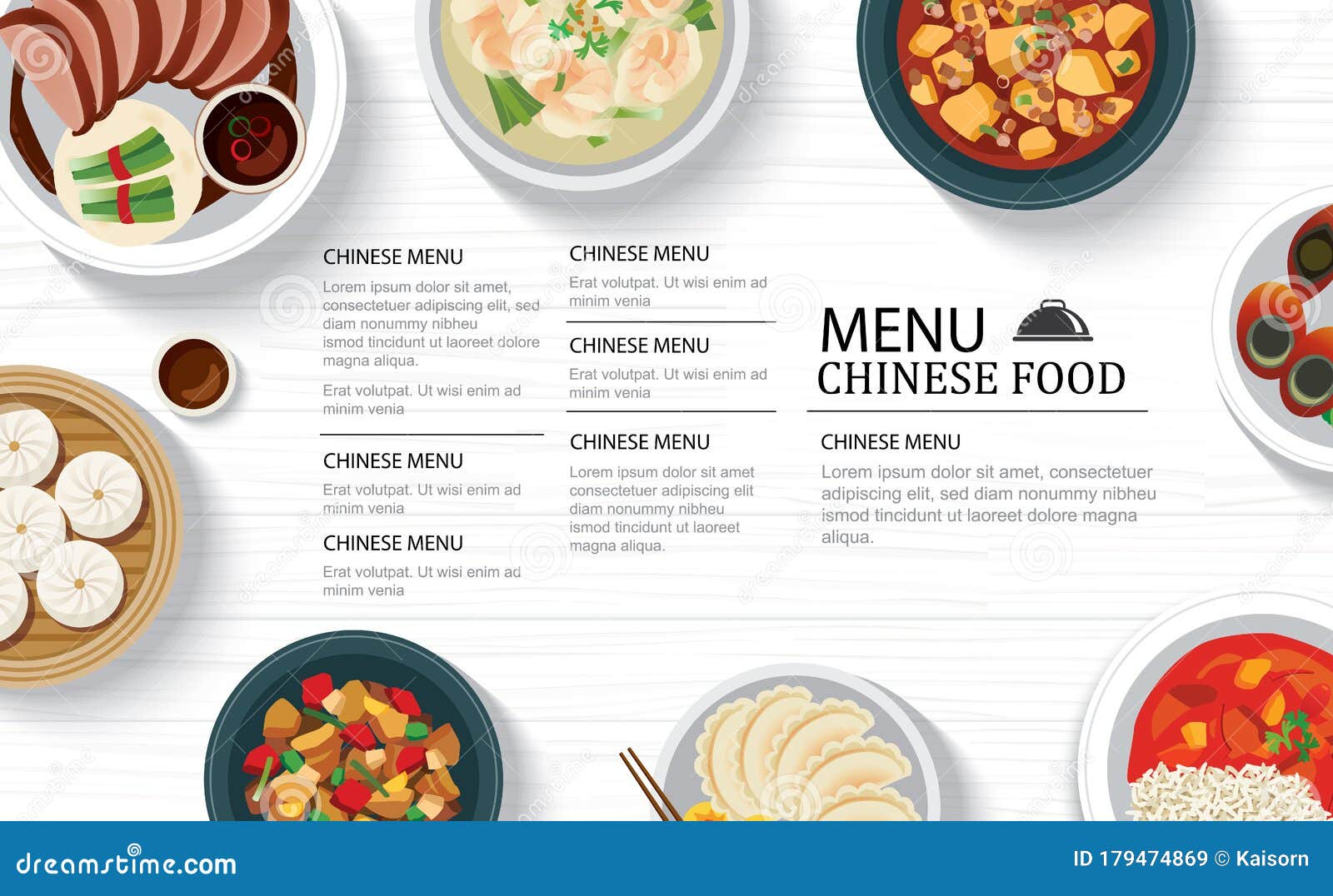 Chinese Food Menu Restaurant on a White Wooden Table Top Template Background.  Use for Poster, Print, Flyer, Brochure Stock Vector - Illustration of  chopsticks, duck: 179474869