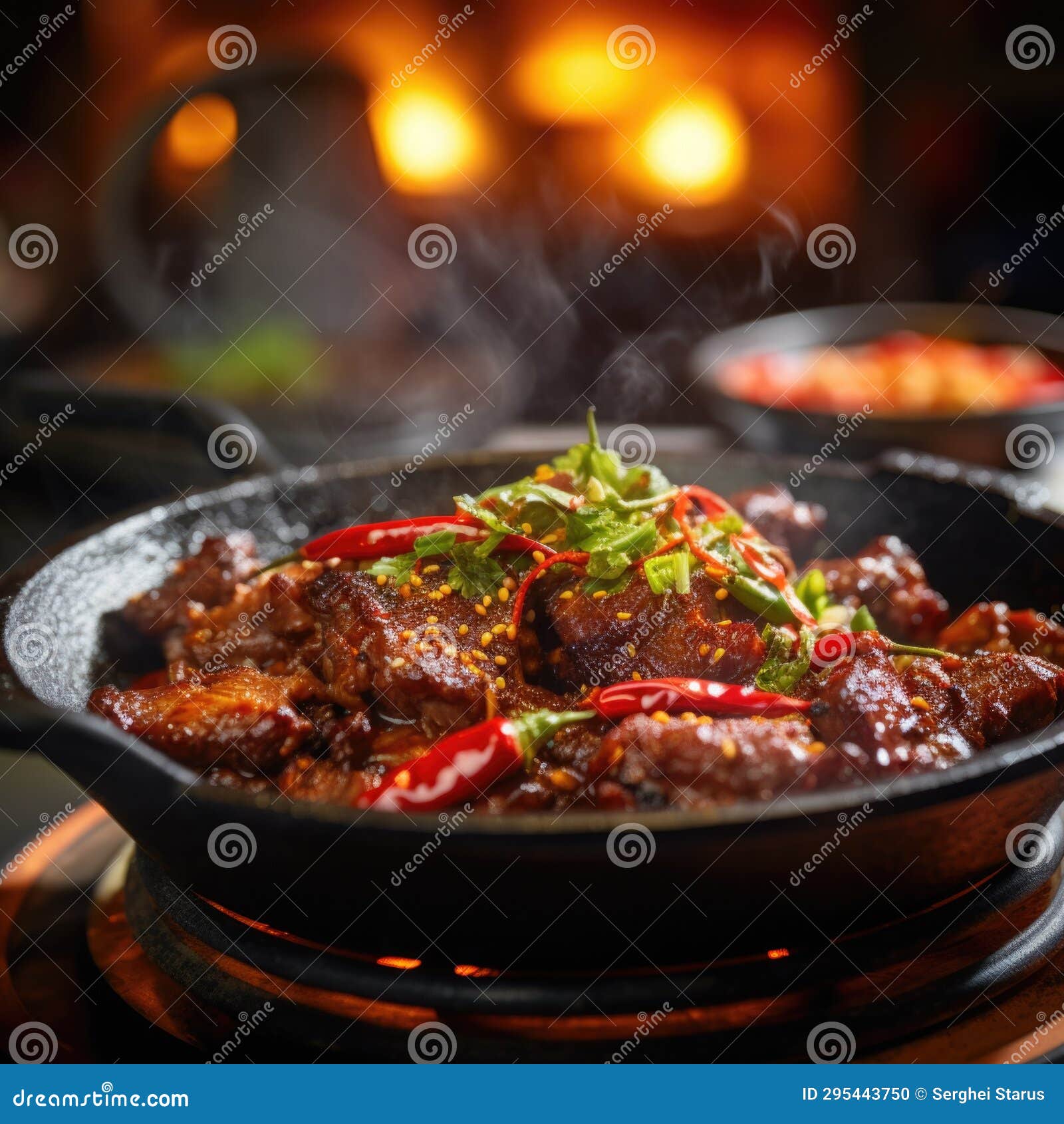 Chinese Food in a Skillet on a Table, AI Stock Illustration
