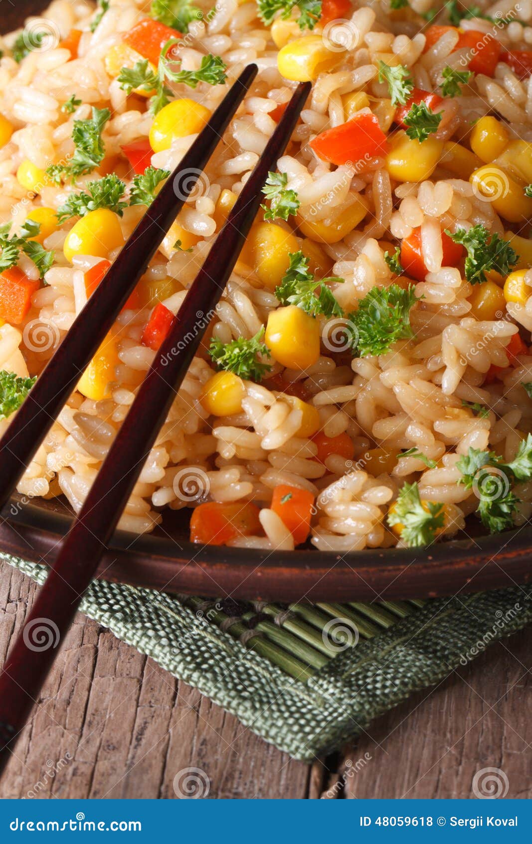 Chinese Fried Rice with Eggs, Corn and Spices, Vertical Stock Photo