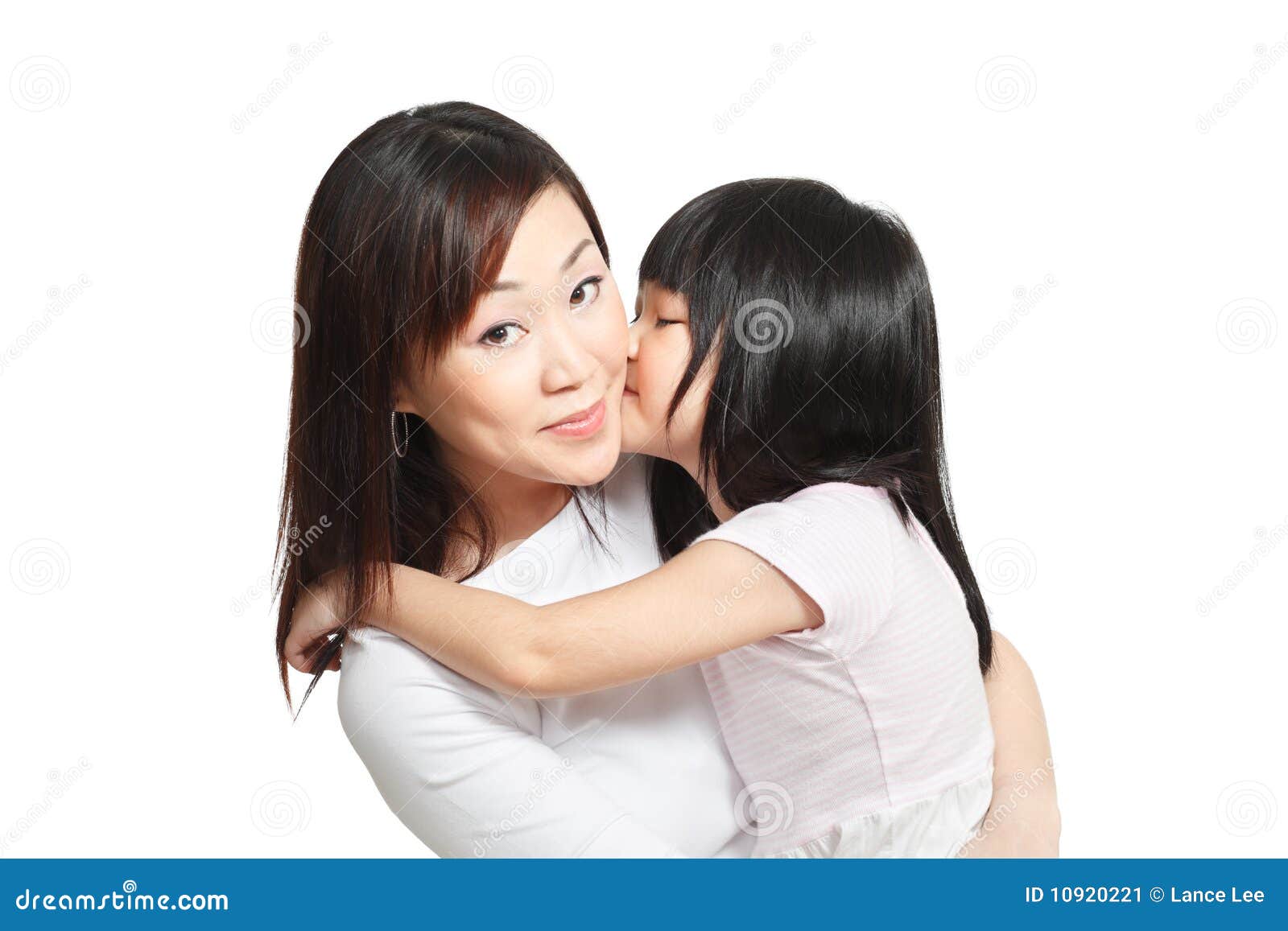 Chinese Girl Kissing Asian Mother Against White Stock Image Image O