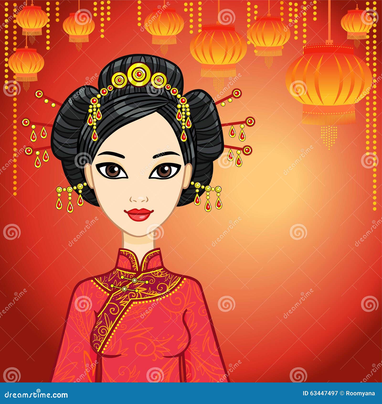 Chinese Girl in Traditional Clothes and a Festive Hairstyle. Stock Vector -  Illustration of doll, hairstyle: 63447497