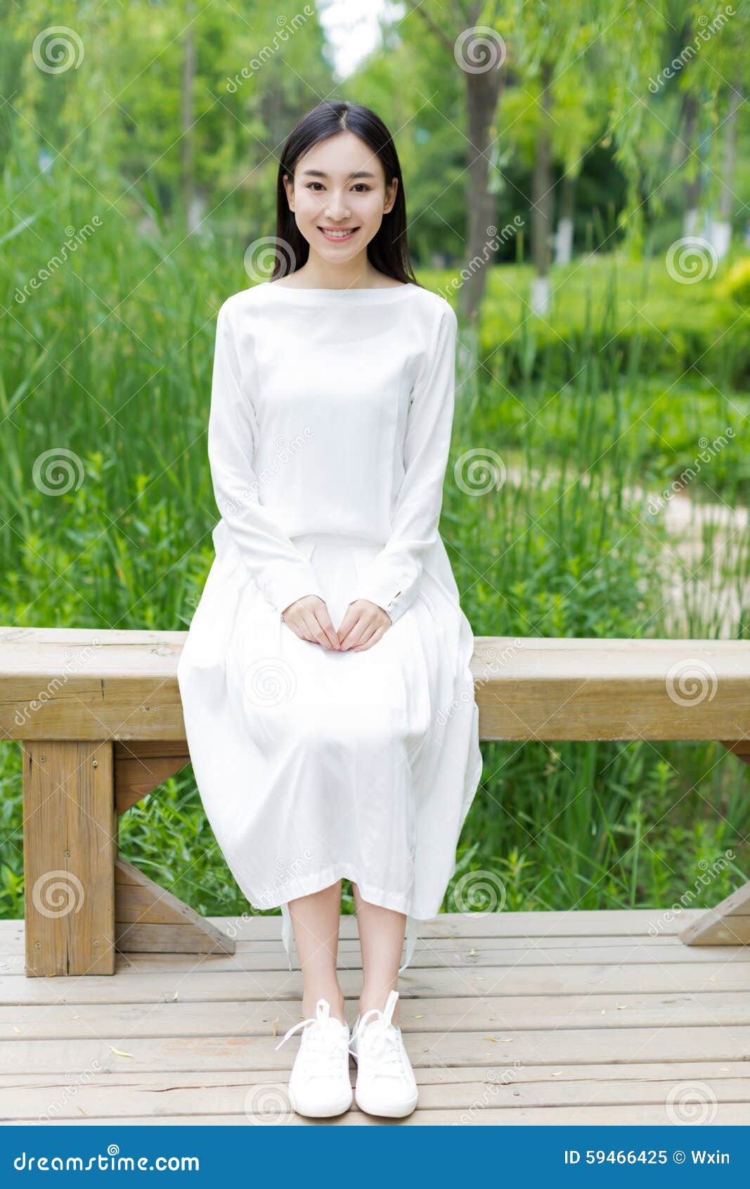 Chinese Girl Wearing a White Dress Stock Image - Image of field, portrait:  59466425