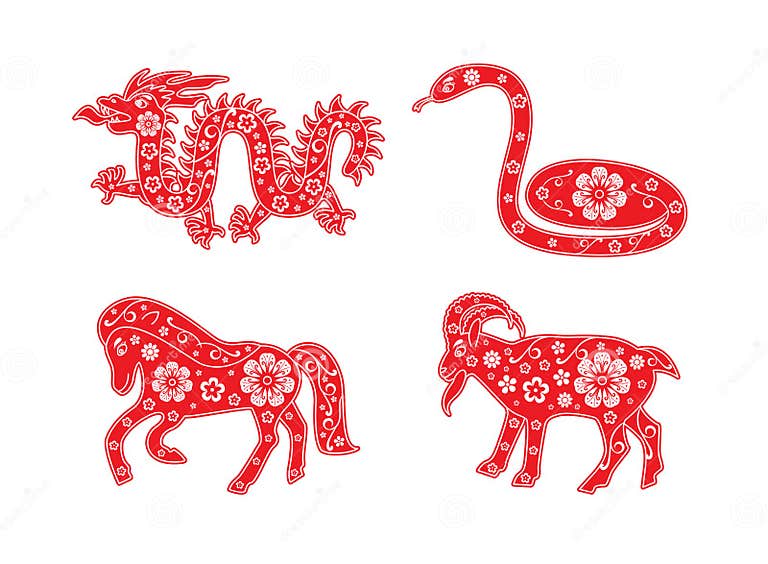 Chinese Horoscope Animal Set. Dragon 2024, Snake 2025, Horse 2026, Goat