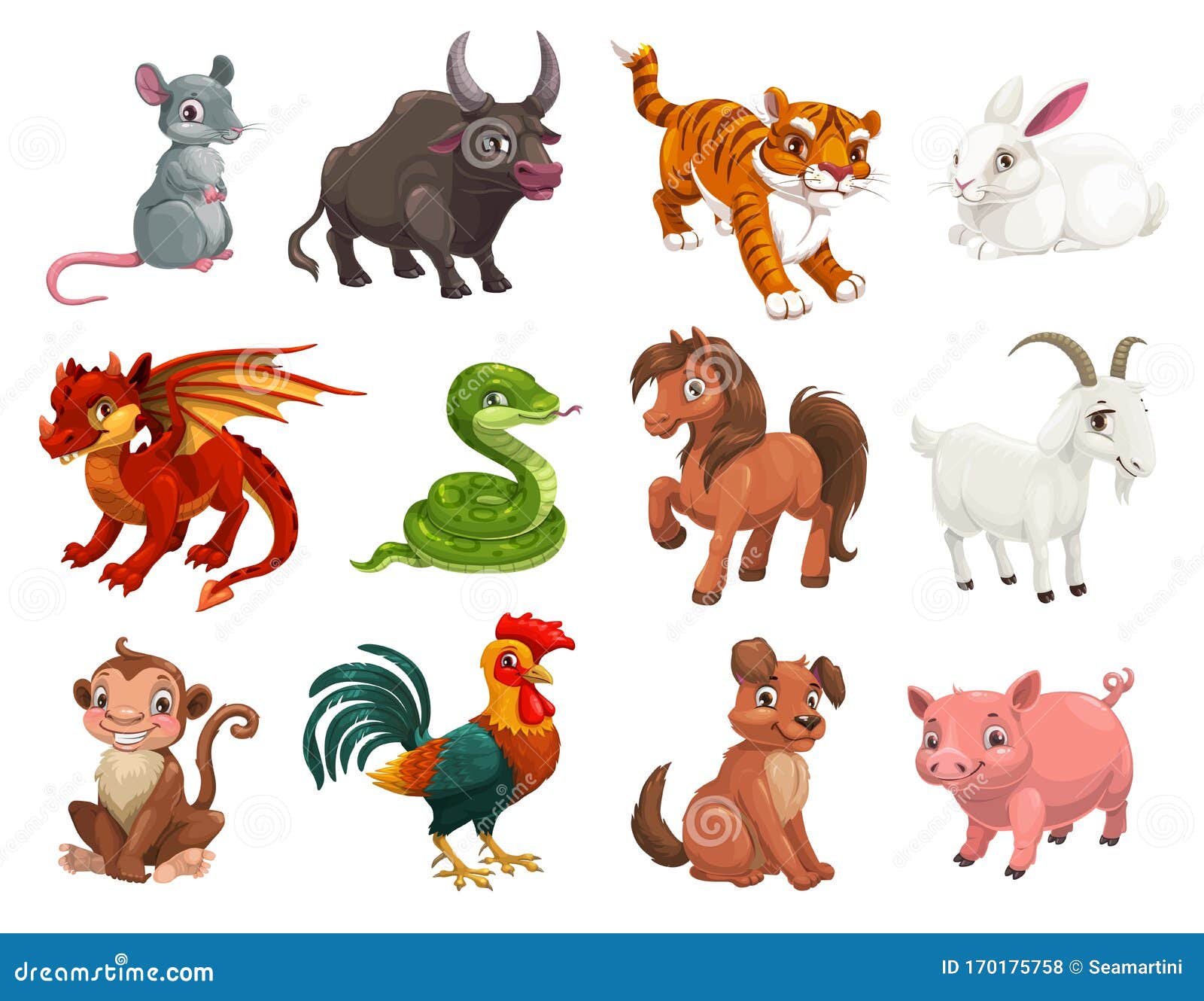 Chinese Horoscope Cartoon Vector Animals Stock Vector - Illustration of  goat, cartoon: 170175758