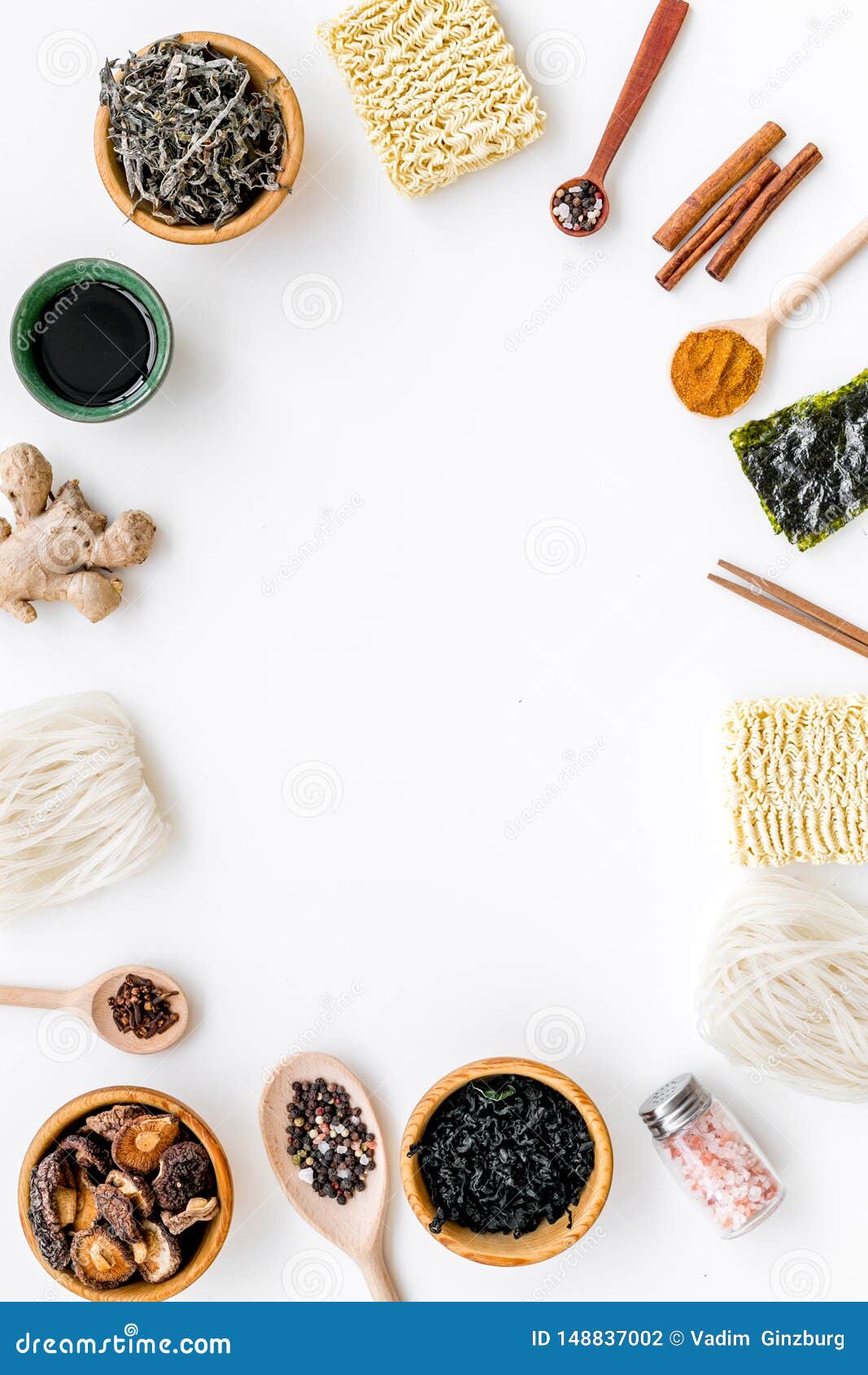 Download Chinese And Japanese Food Cooking With Ginger, Spices And Noodles Frame On White Background Top ...