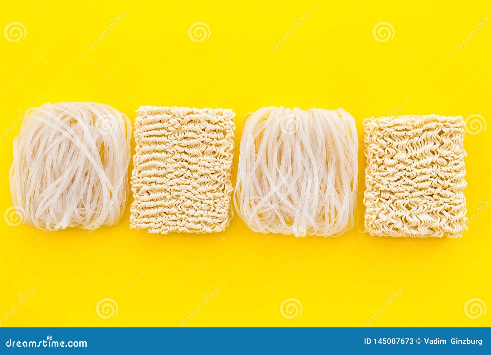 Chinese And Japanese Food Cooking With Rice Vermicelli, Noodles On Yellow Background Top View ...