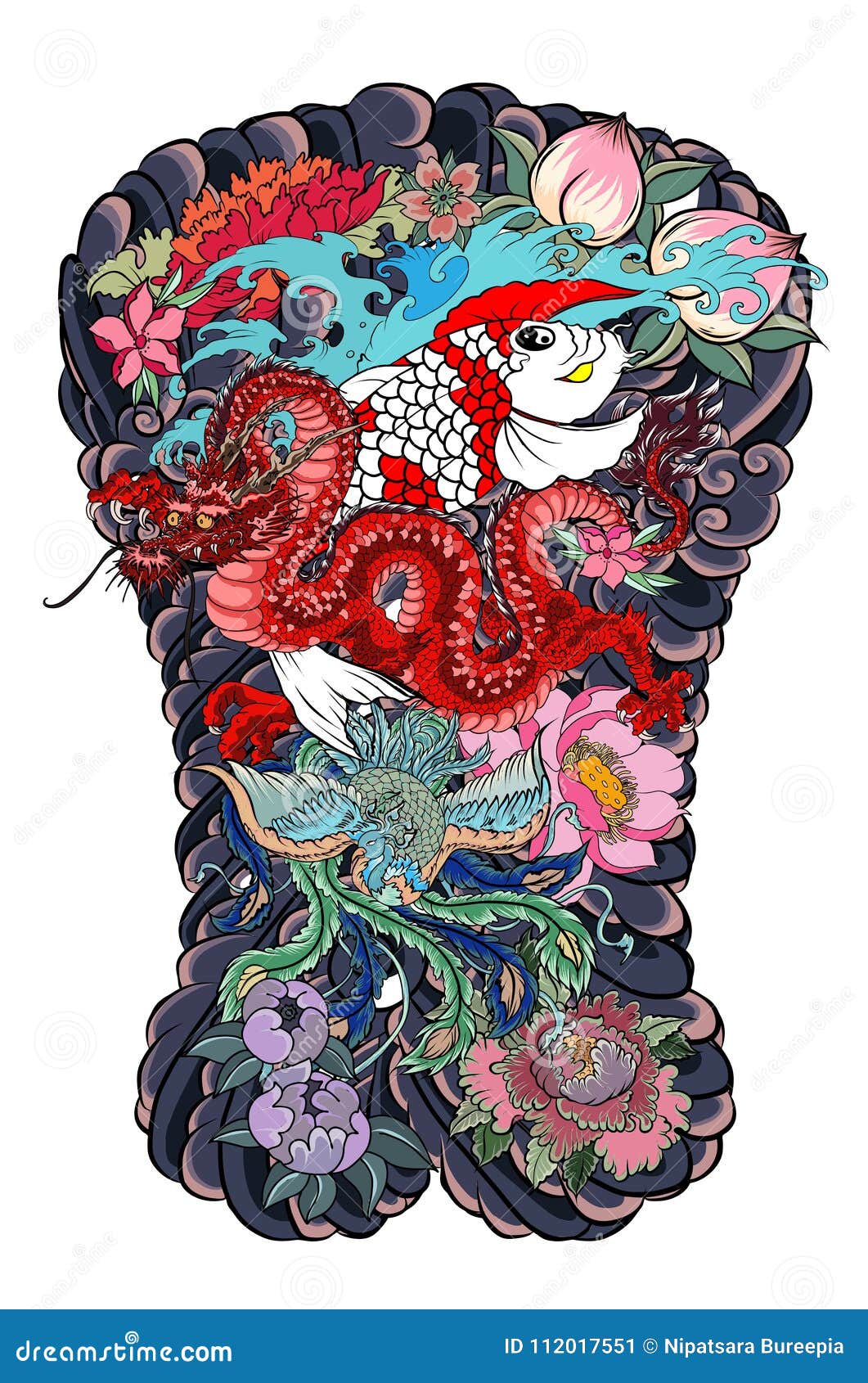 Traditional Japanese Yakuza tattoo with flowers and dragon, Generative AI  Stock Illustration