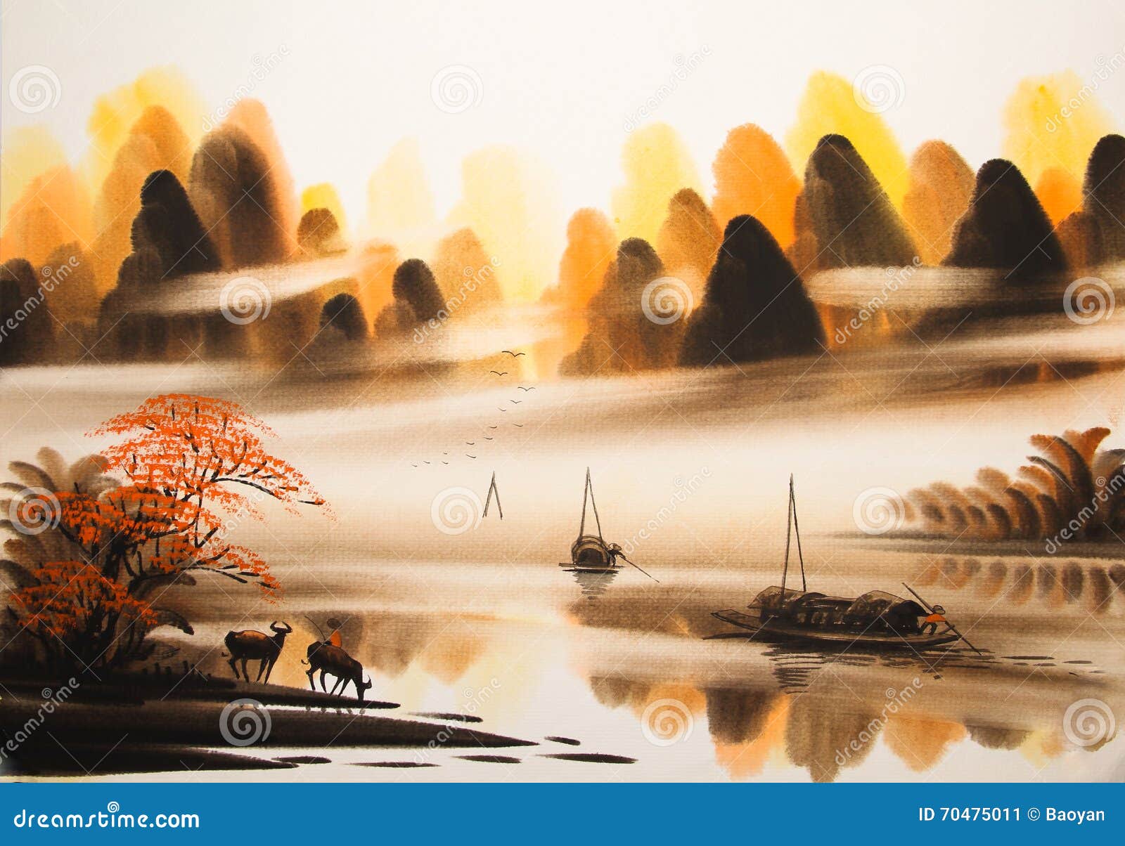 Chinoiserie Sunrise Painting Wallpaper Chinese Landscape Wall 