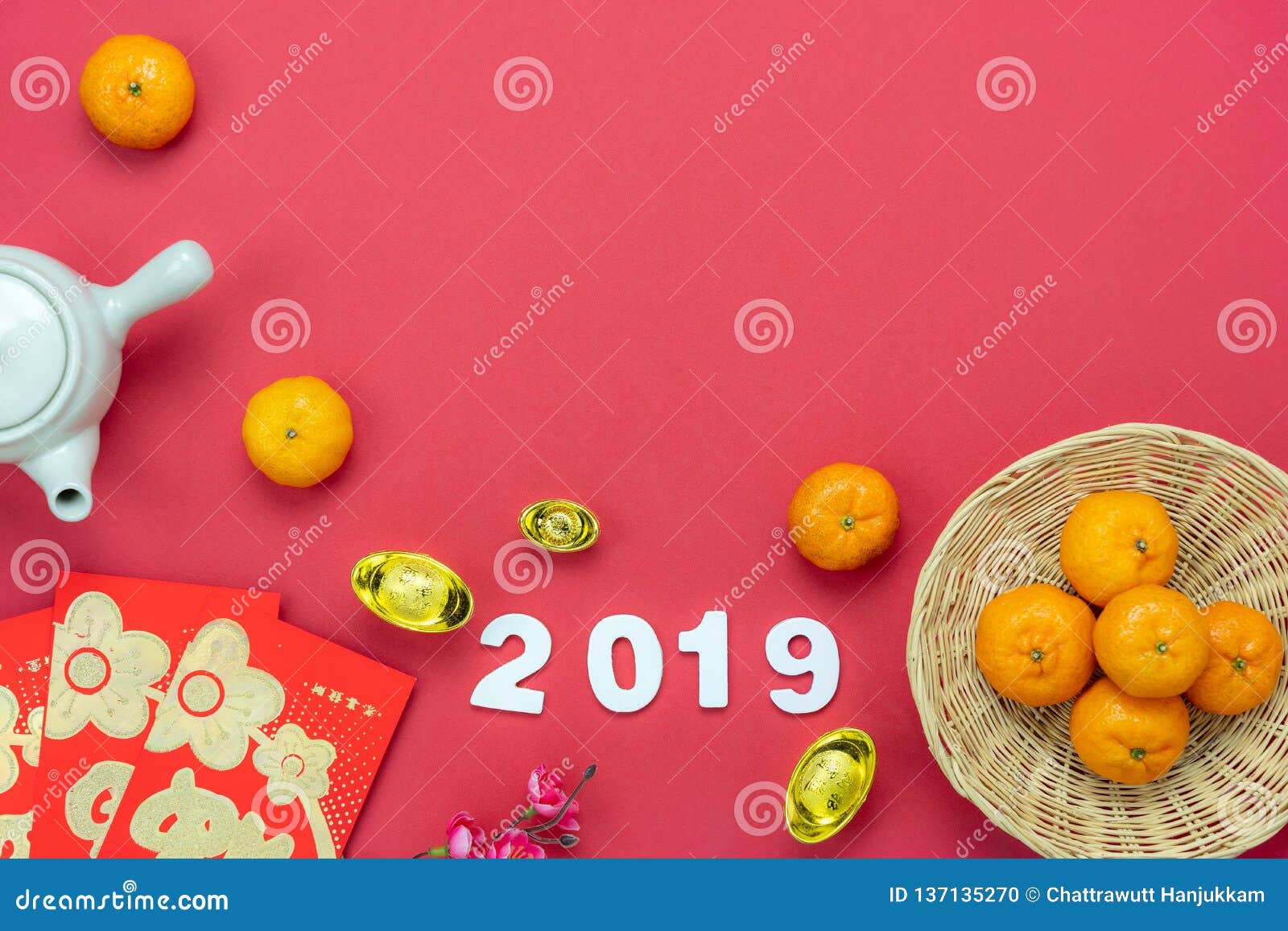 chinese language mean rich or wealthy and happy.table top view lunar new year & chinese new year concept background.flat lay