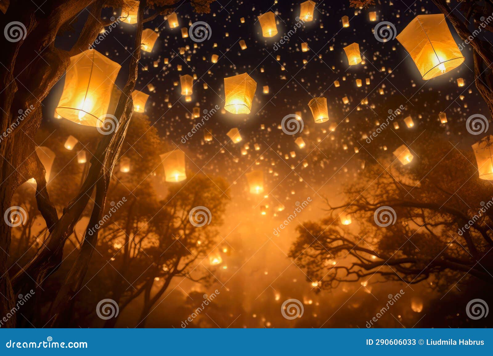 Chinese Lanterns in the Night Sky Stock Illustration Illustration of