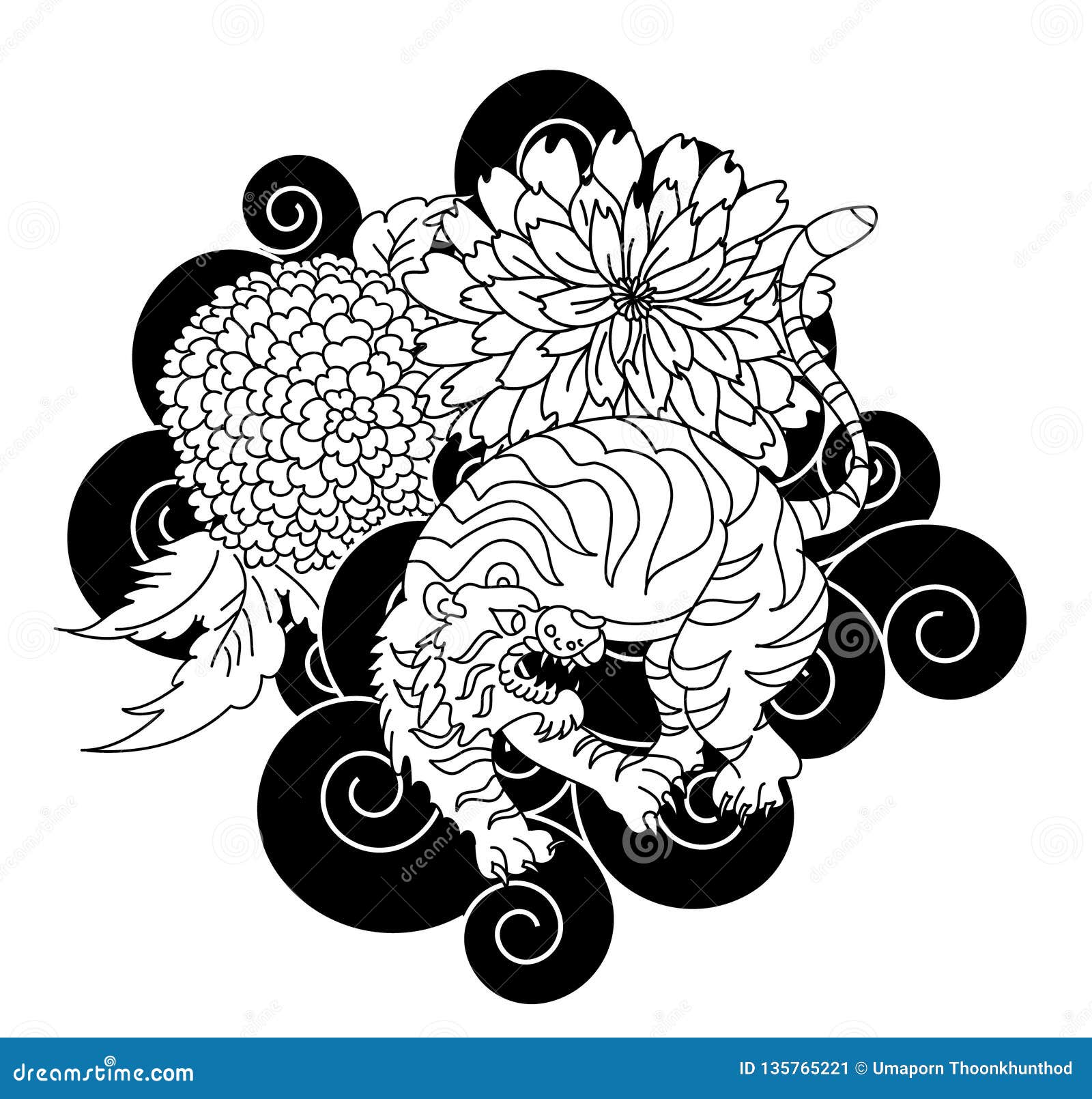 Japanese Tiger Vector Tattoo Lotus With Marigold Flower And Peony Flower On Cloud Stock Vector Illustration Of Asian Brossom