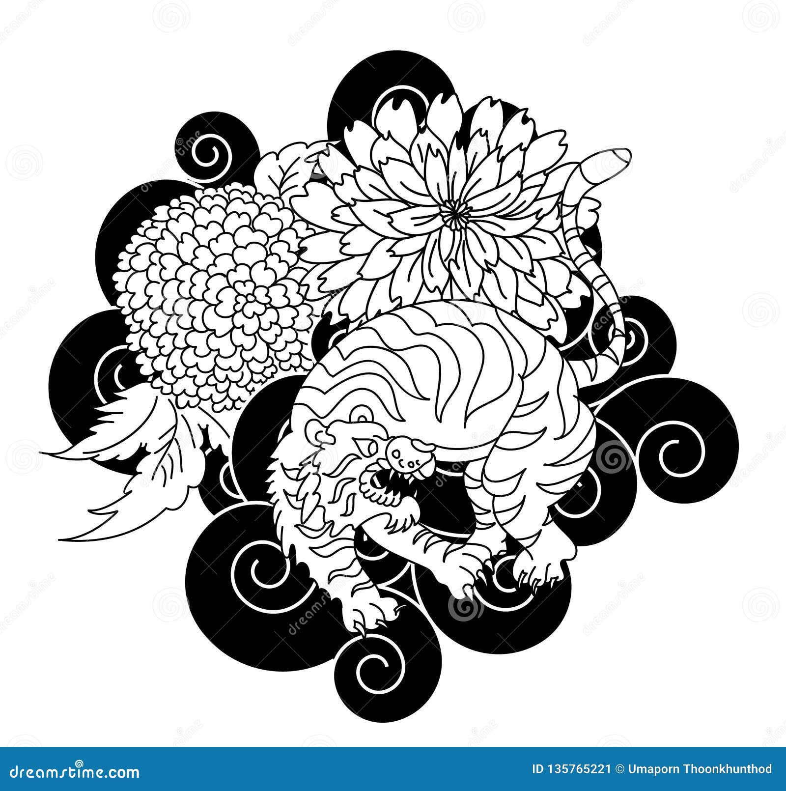 Japanese Tiger Vector Tattoo Lotus With Marigold Flower And Peony Flower On Cloud Stock Vector Illustration Of Asian Brossom Japanese Tiger Vector Tattoo Lotus With Marigold Flower And Peony Flower On Cloud Stock Vector Illustration Of Asian Brossom