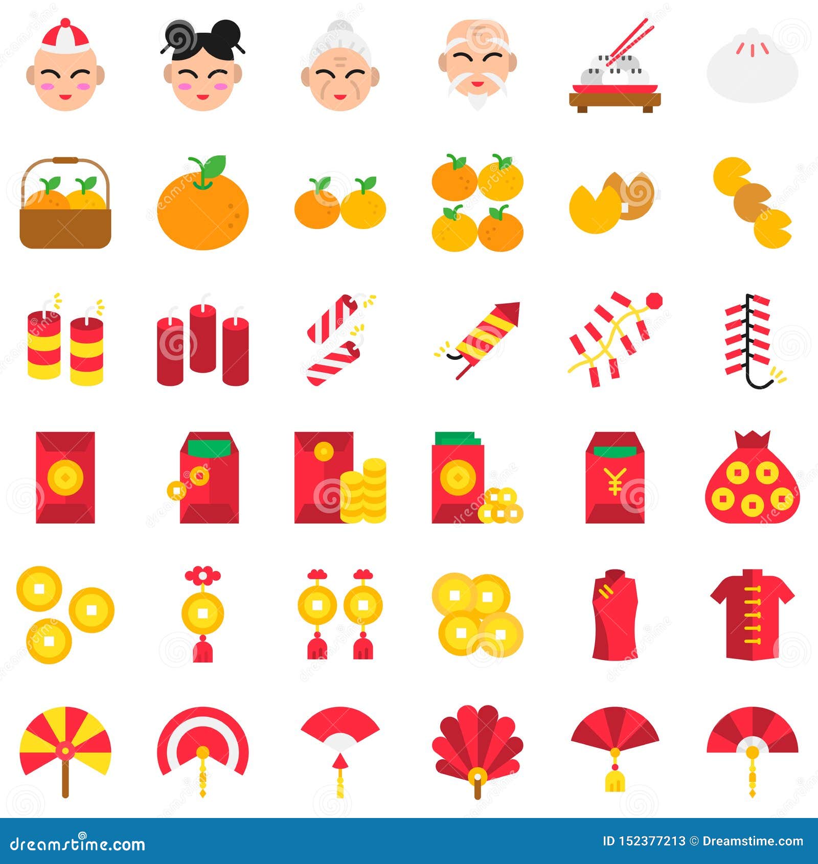 Chinese Lunar New Year Vector Icon Set, Flat Style Stock Vector