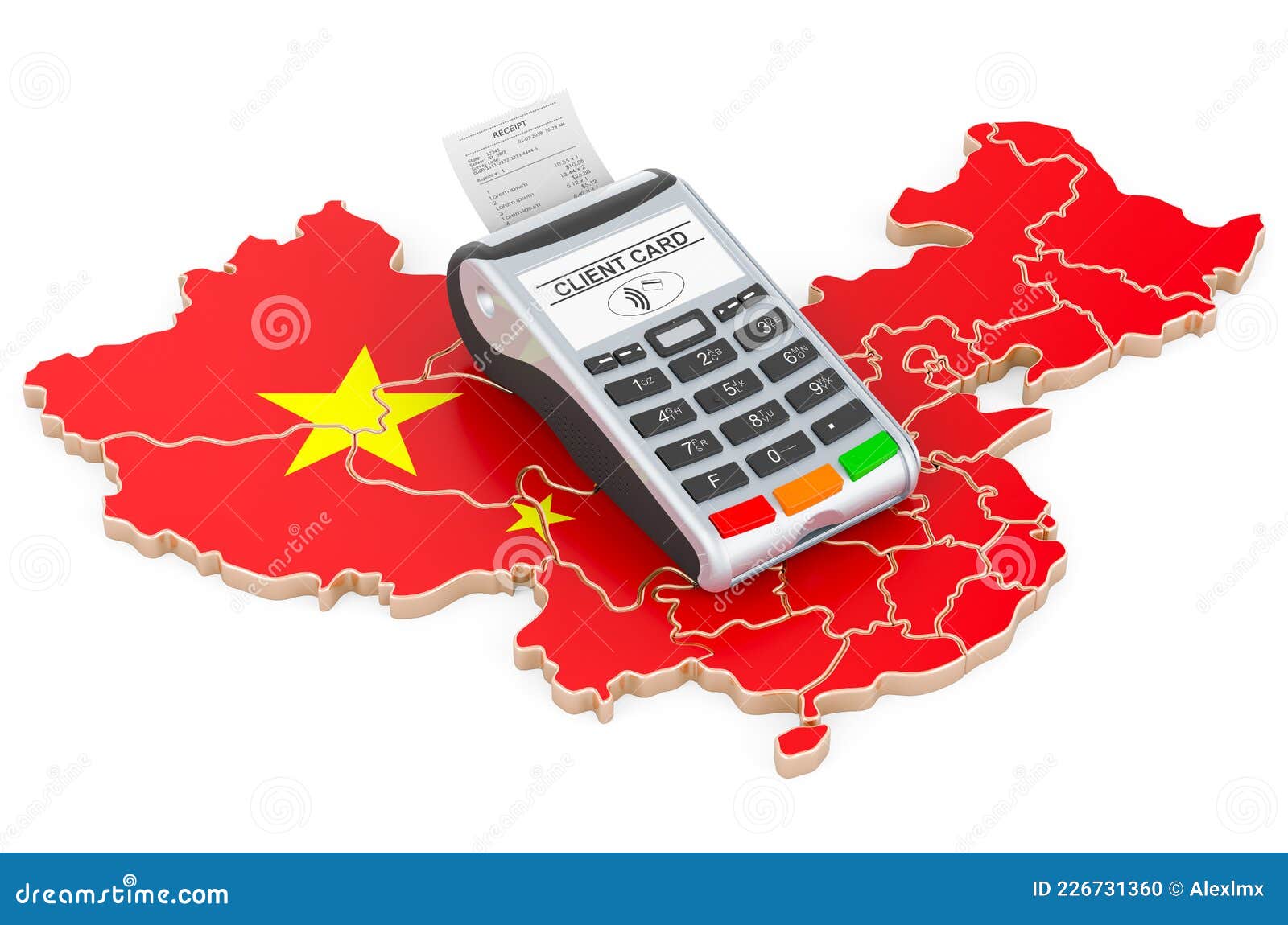 Chinese Map with POS Terminal. Cashless Payments in China Concept Stock
