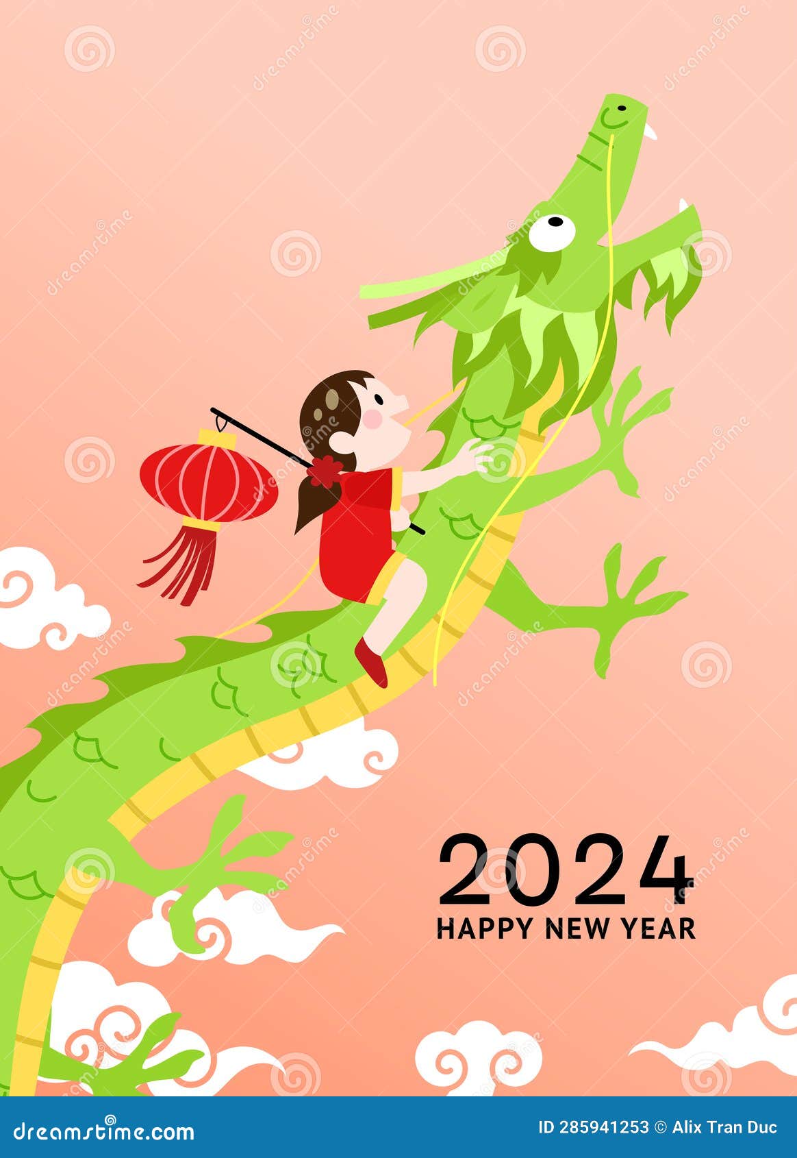 Chinese New Year 2024 Card Illustration Child and Dragon Stock