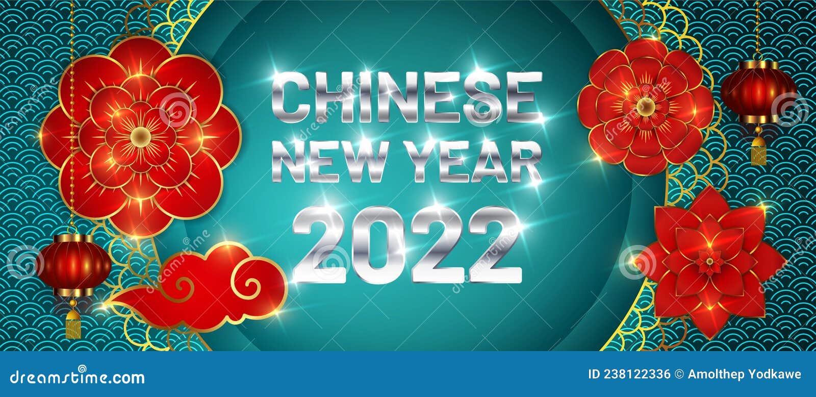 Happy Chinese New Year 2022. Paper Cut Flowers, Clouds and Hanging