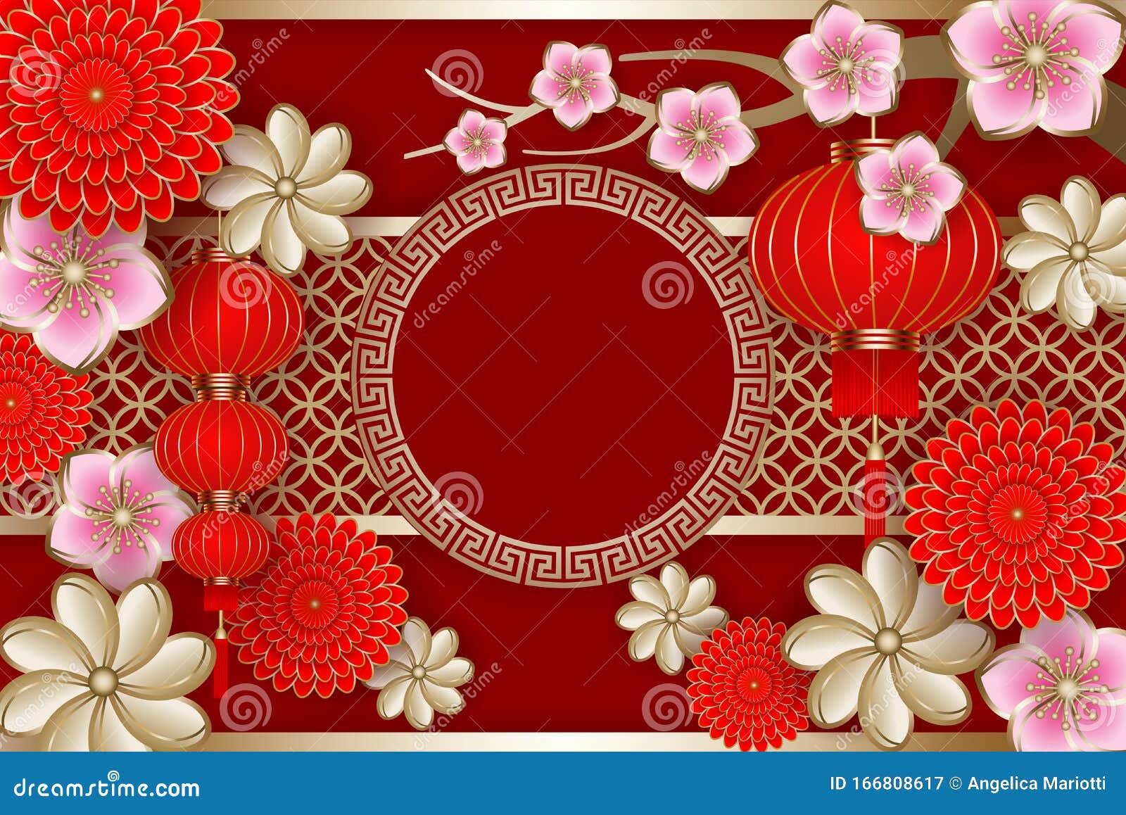 Chinese New Year Background with Flowers, Lanterns and Decorations with