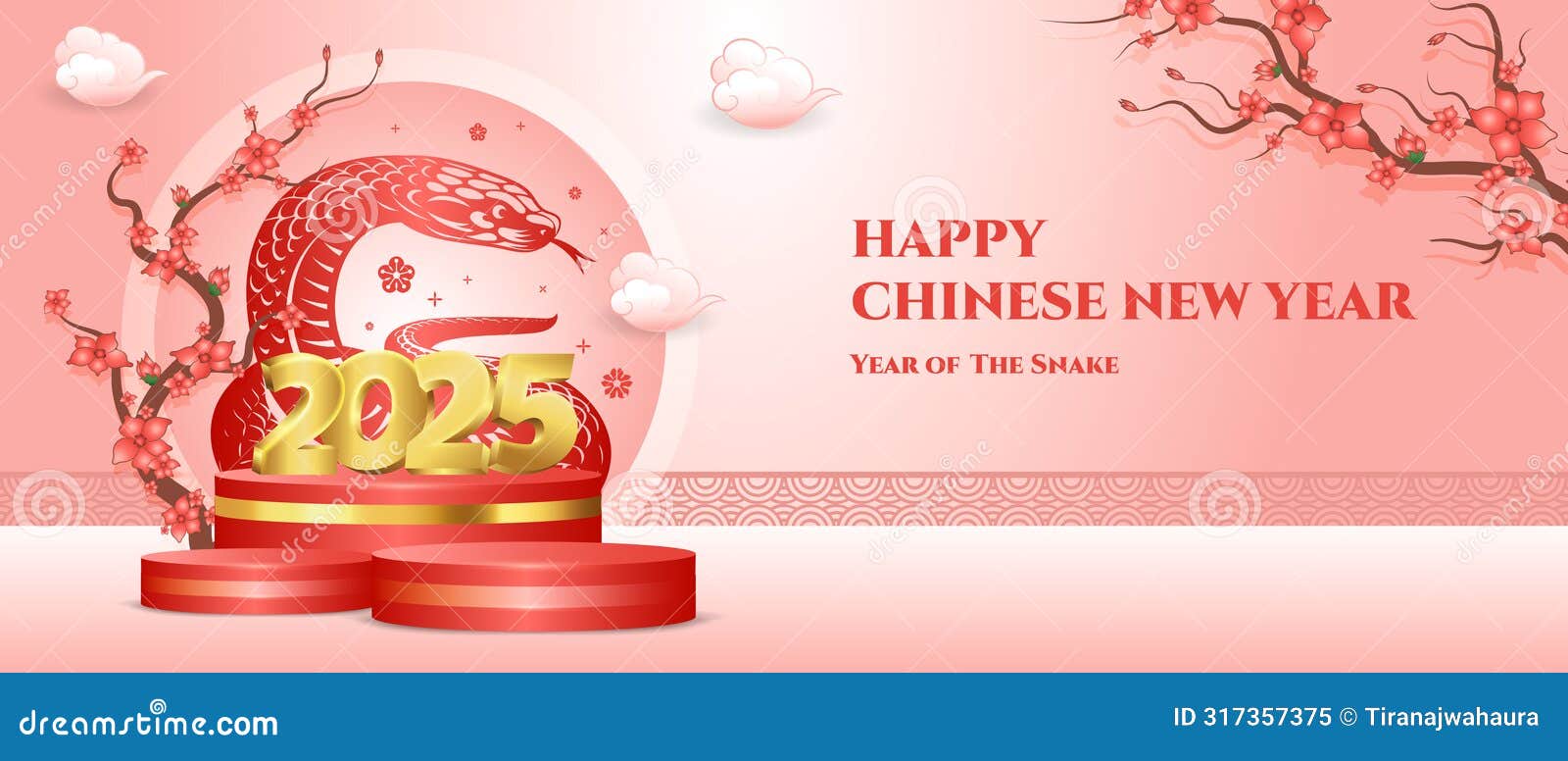 Chinese New Year 2025 Banner Design, Snake Sign and 3d Golden 2025 Letter Stock Vector