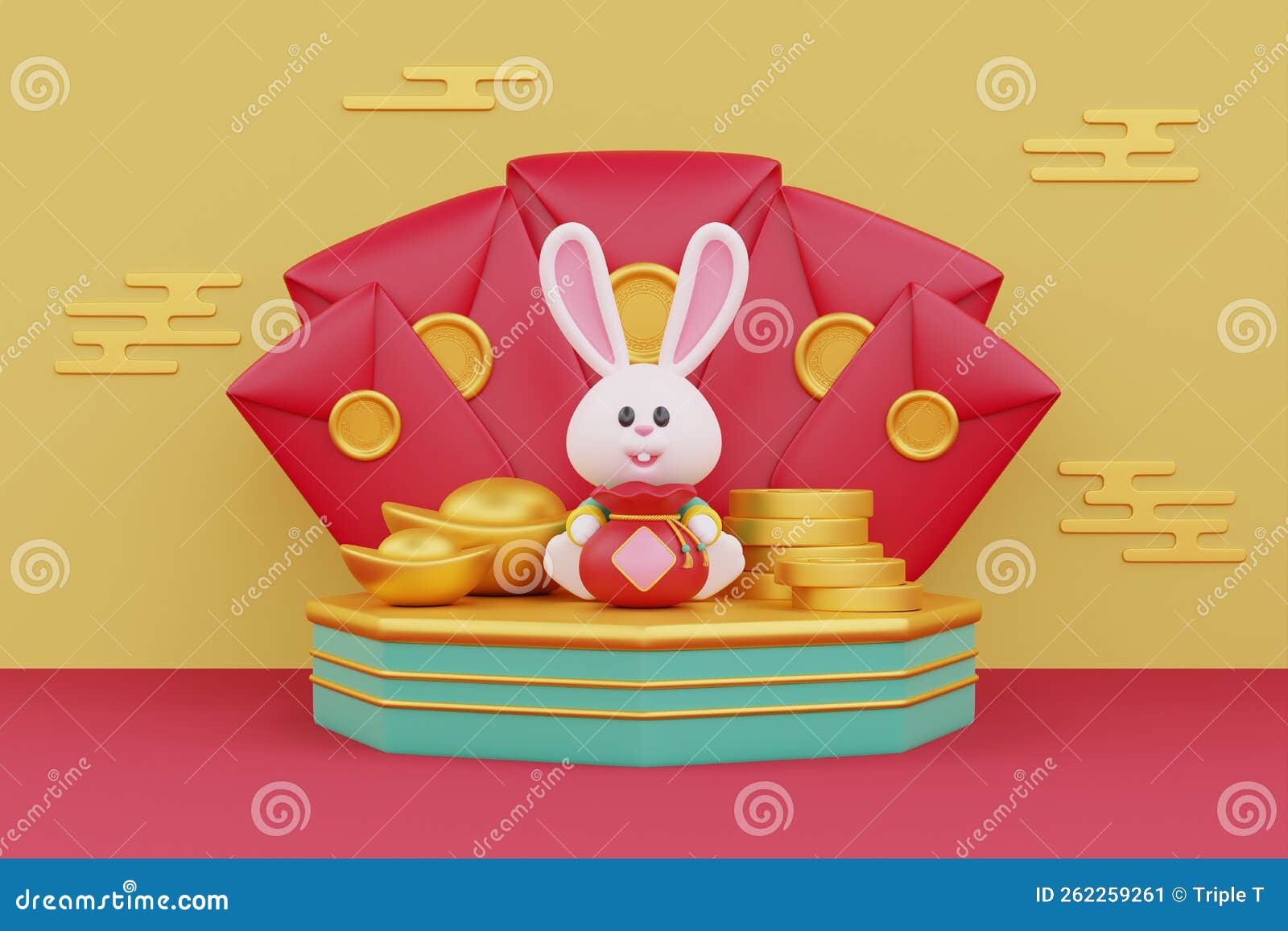 Chinese New Year Banner Red Envelope With Cute Rabbit Holding Gold