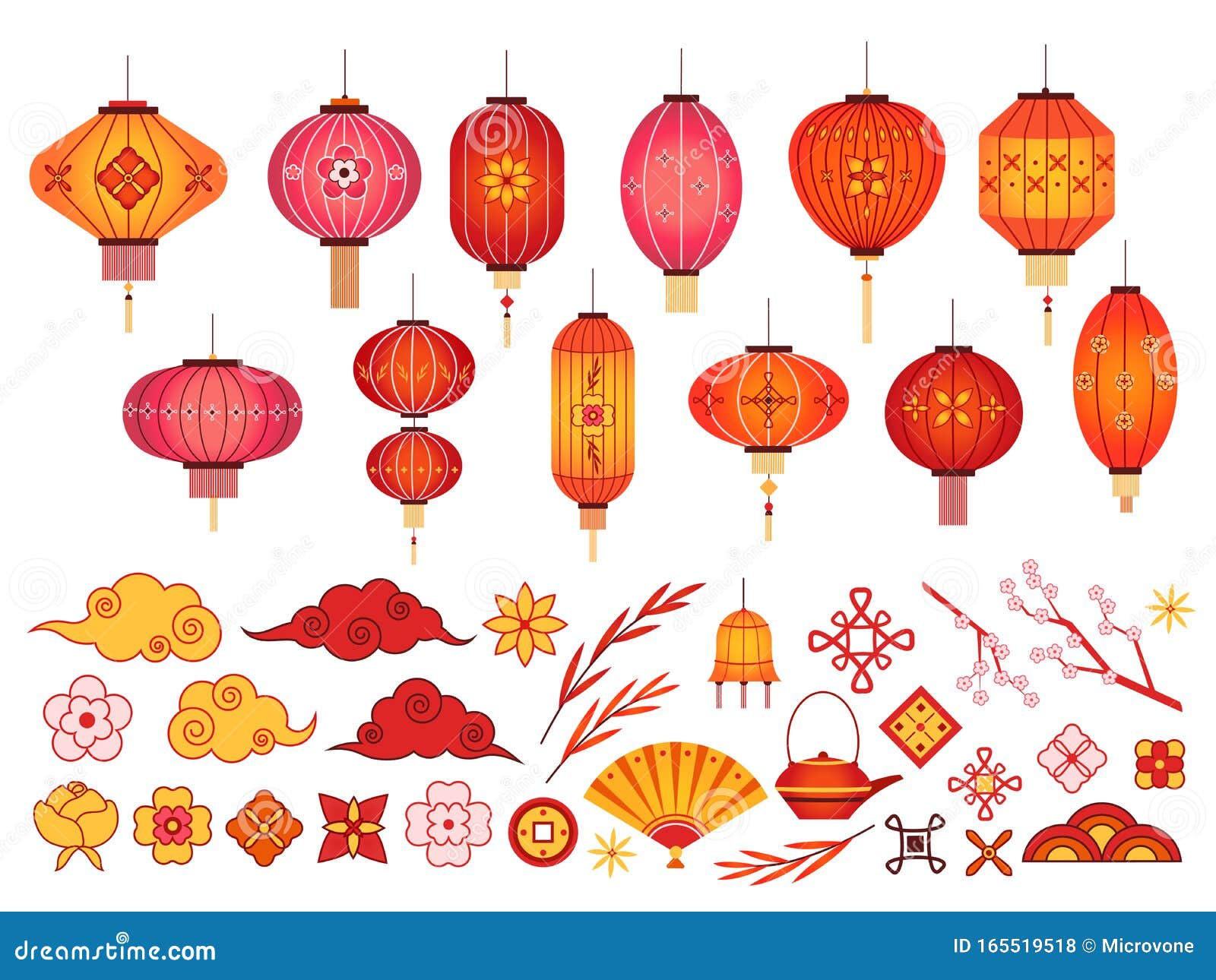 Chinese New Year Elements Asian Lantern Japanese Cloud And Sakura Branch Traditional Korean Flower And Pattern Stock Vector Illustration Of Design Decoration