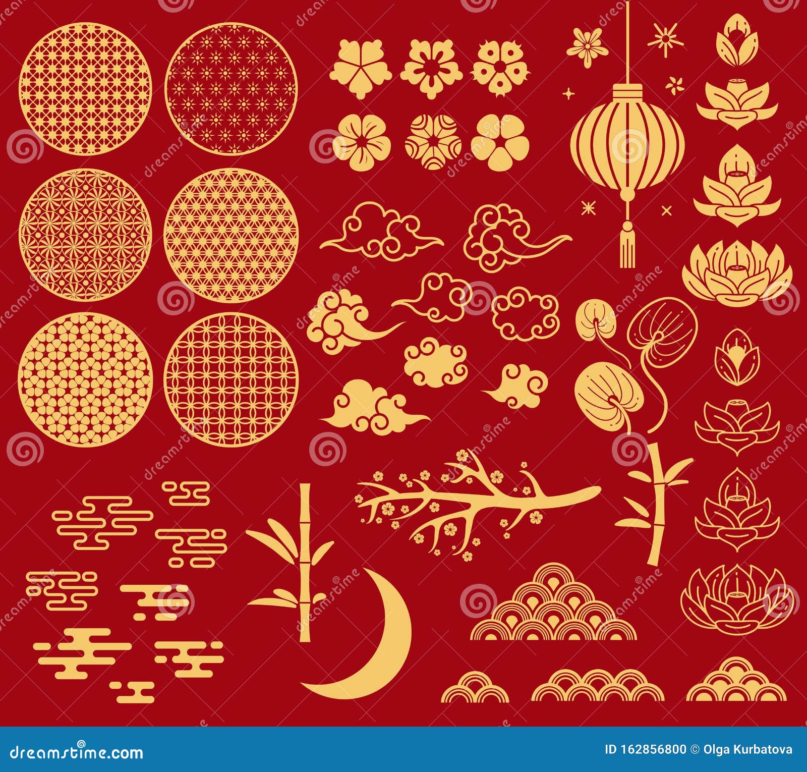 chinese new year s. festive asian ornaments, patterns in oriental style. clouds, moon and bamboo, sakura and