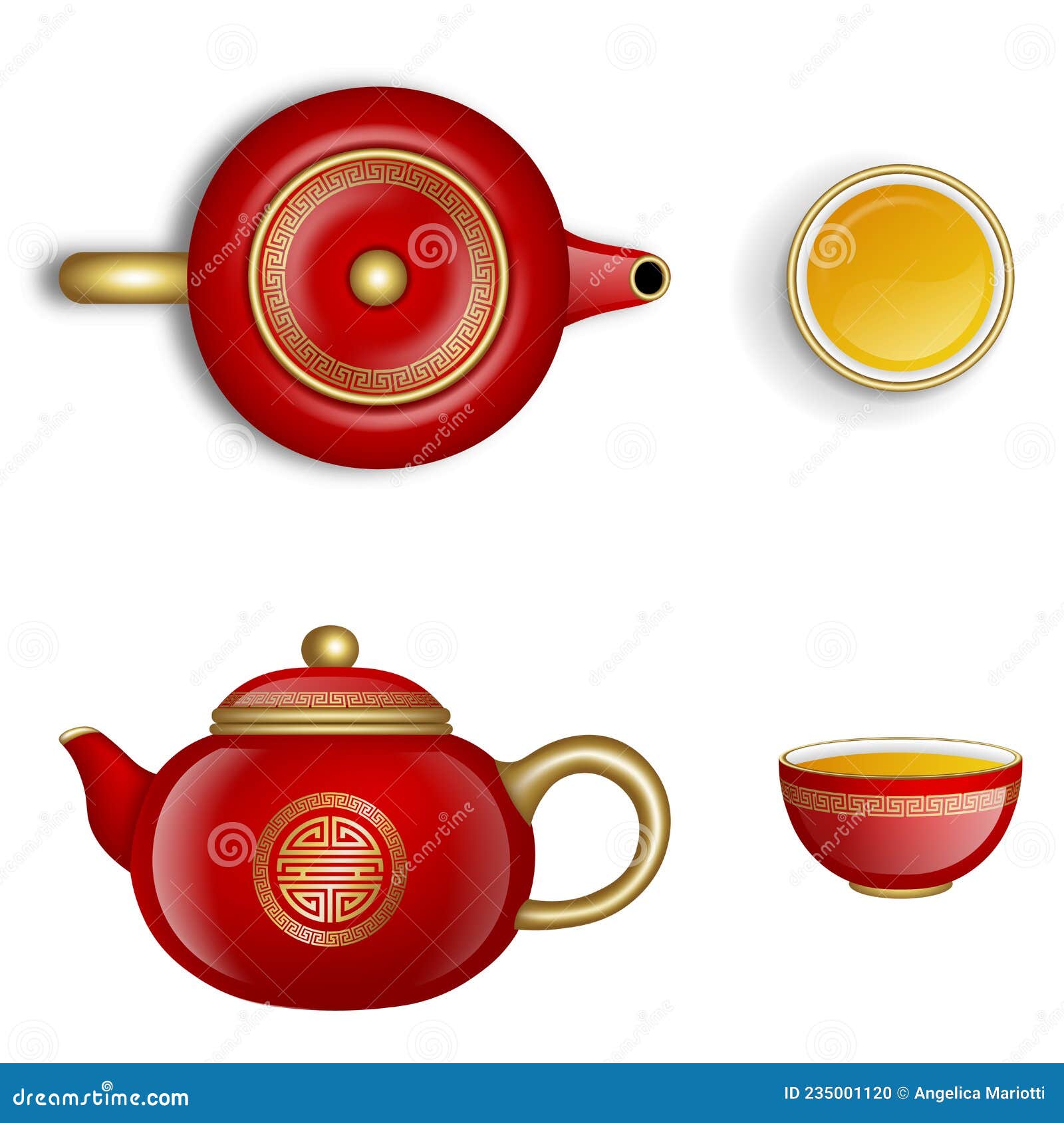 Chinese New Year Elements. Red and Gold Isolated Chinese Teapots and Cups of Tea Stock Vector