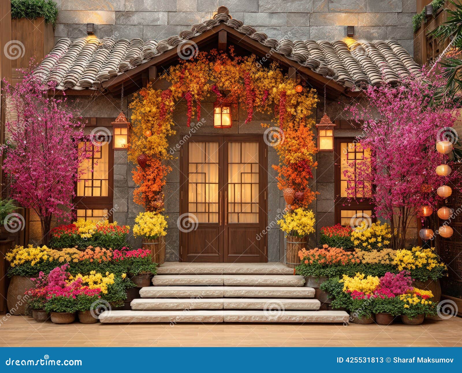 Chinese New Year Floral Design Stock Image - Image of pathway,  architecture: 425531813, image size:1600x1295